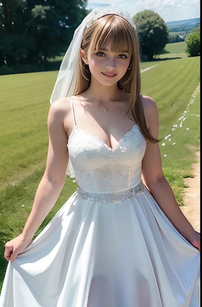 A girl,16 year old,european countryside,blonde,bangs bangs,pretty face,wedding dress,thick muscular arms