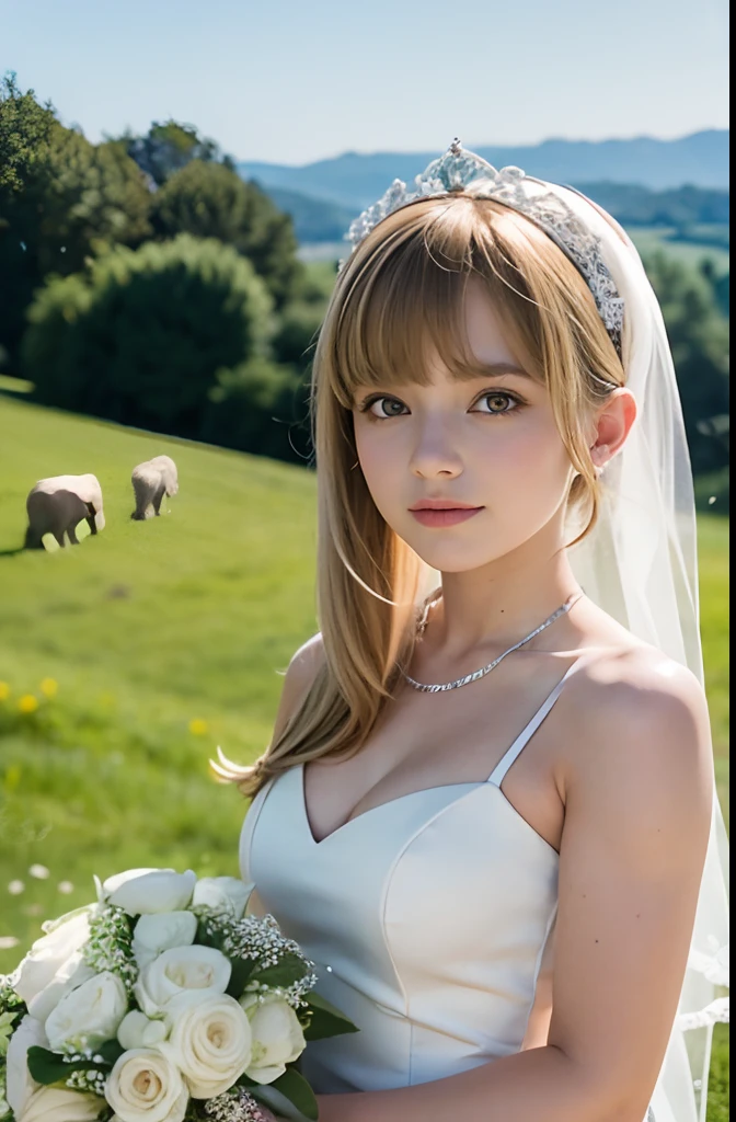 A girl,16 year old,european countryside,blonde,bangs bangs,pretty face,wedding dress,thick muscular arms