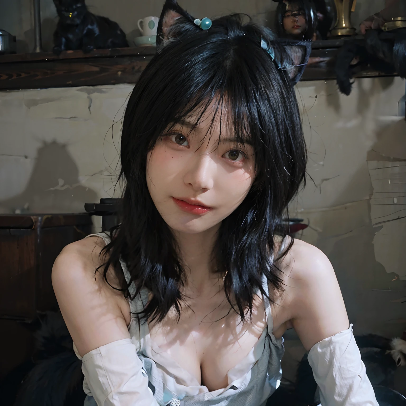 8K、(all-fours)、(((Black hair color))) 、undersized head、Best Quality, masutepiece, 超A high resolution, (Realism: 1.4), Realistic Photos, (True skin texture: 1.3), (Film grain: 1.3), Beautiful eyes and face details, masutepiece, Best Quality, Full body、bob cuts、18year old、(((Black cat ears grow)))