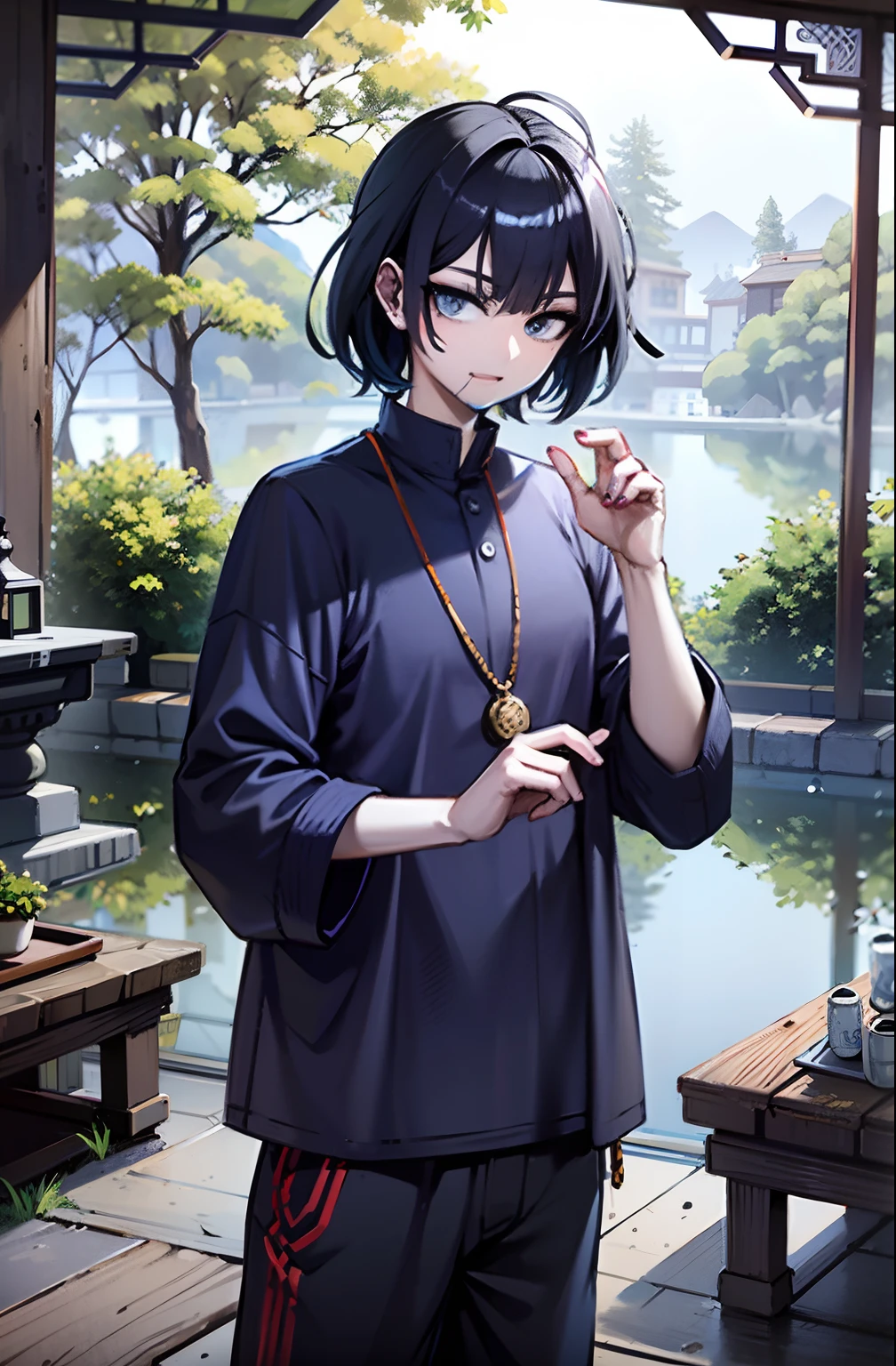 Man, 20 anos, corte de cabelo bob, cabelos azuis, messy hair, olhos vermelhos, Dark circle under the eyes, 4k, Jujutsu Kaisen Artsyle, Colar Ying Yang, Camisa roxa, azul, sweatpants, Preto grande, In a Chinese garden, 4k, Lago ao fundo , Chinese trees