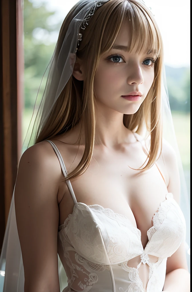 A girl,16 year old,european countryside,blonde,bangs bangs,pretty face,wedding dress,thick muscular arms