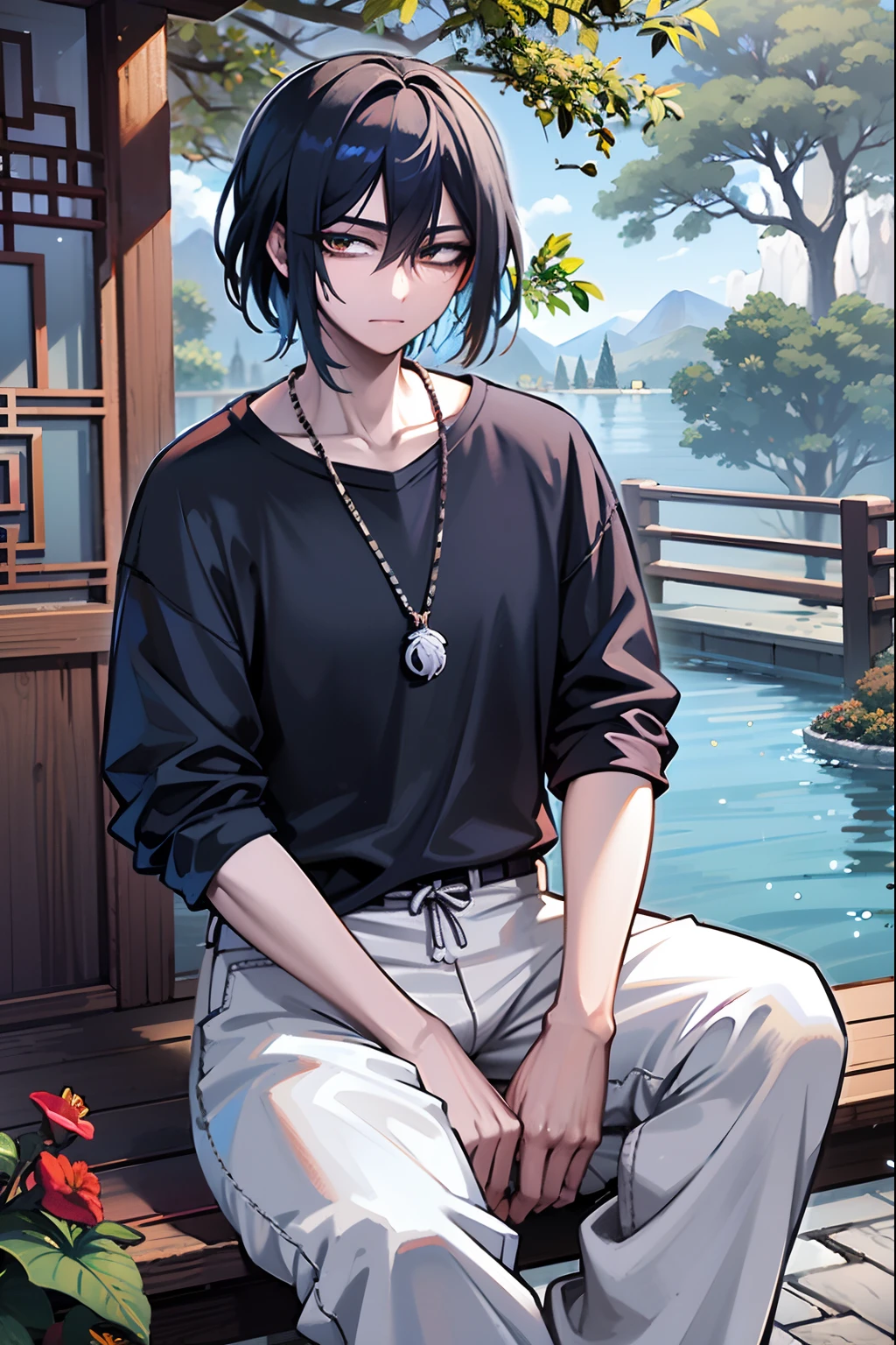 Man, 20 anos, corte de cabelo bob, cabelos azuis, messy hair, olhos vermelhos, Dark circle under the eyes, 4k, Jujutsu Kaisen Artsyle, Colar Ying Yang, Camisa roxa, azul, sweatpants, Preto grande, In a Chinese garden, 4k, Lago ao fundo , Chinese trees