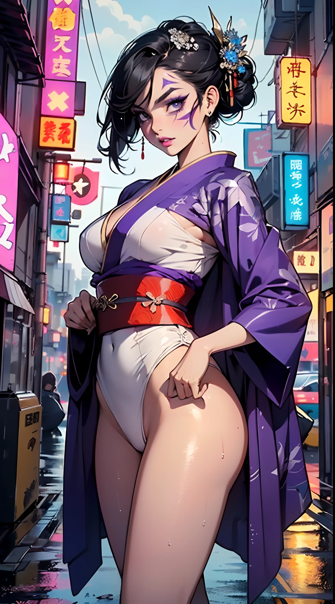 1girl, ((Black hair)), ((Kimono, Geisha)), ((heavy face makeup)), ((hair done up in a Sakkō style)), ((white face paint)), ((heavy makeup, purple eyeliner, purple lips, purple eyeshadow)),large breast:1.4,big booty,(spider lower abdomen,narrow waist,wide hip,athletic body,inflated legs),
(nsfw),
(((lustrous skin:1.5,bright skin: 1.5,shiny skin,very shiny skin,shiny body,plastic glitter skin,exaggerated shiny skin,illuminated skin,wet legs))),(detailed body,(detailed face)),
cute,slutty,seductive,erotic,
(((wet clothes,intricate outfit,intricate clothes))), ((clothes color palette limited to purple, pink, blue, dark purple)),
(dynamic pose:1.0),solo focus,embarrassed,(centered,scale to fit dimensions,Rule of thirds),
cyberpunk city by the ocean at night, with bright neon signs and dark stormy clouds and puddles, scenery:1.25,
artistic photography,(photography taken by sldr),highres, sharp focus, (ultra detailed, extremely detailed), (photorealistic artwork:1.37),(extremely detailed CG unity 8k wallpaper),((synthwave background theme)),(((vibrant colors))),(intricate background),(masterpiece),(best quality),
