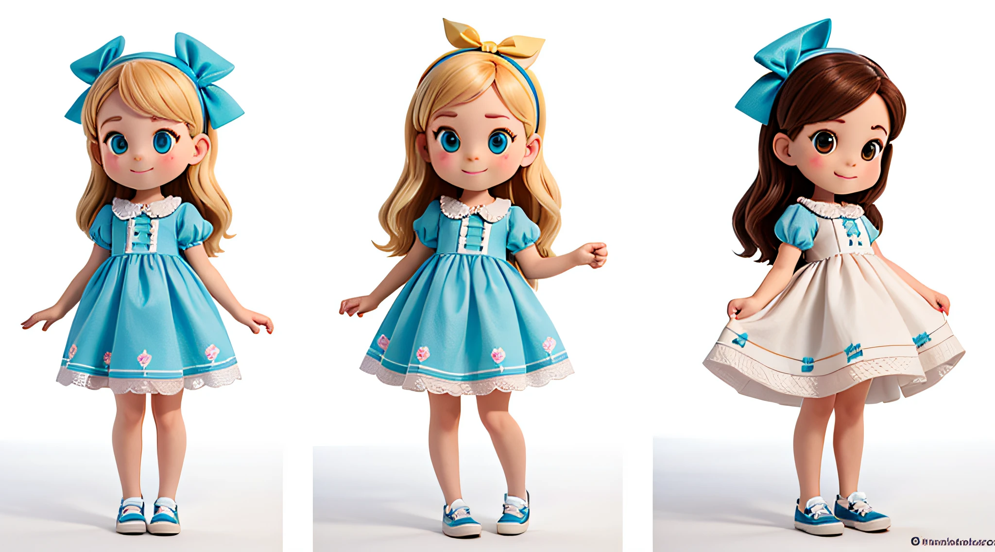 Create 6 profile pictures of (((Kamara))) SAME details BUT different expressions. , (((Kamara))) standing and facing front. (((Kamara))) is a 4-year-old, cute, naughty, same long blonde hair, brown eyes, rosy cheeks, pastel blue vintage dress, a pastel blue bow headband, white shoes. white background. SAME character, SAME dress , SAME HAIR, SAME headband, SAME SHOES, SAME face. different poses. Best Quality. Show (full entire body, Including legs)