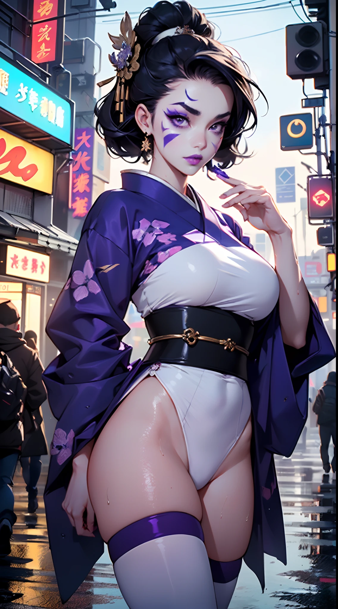 1girl, ((Black hair)), ((Kimono, Geisha)), ((heavy face makeup)), ((hair done up in a Sakkō style)), ((white face paint)), ((heavy makeup, purple eyeliner, purple lips, purple eyeshadow)),large breast:1.4,big booty,(spider lower abdomen,narrow waist,wide hip,athletic body,inflated legs), 

(nsfw),

(((lustrous skin:1.5,bright skin: 1.5,shiny skin,very shiny skin,shiny body,plastic glitter skin,exaggerated shiny skin,illuminated skin,wet legs))),(detailed body,(detailed face)),

cute,slutty,seductive,erotic,

(((wet clothes,intricate outfit,intricate clothes))), ((clothes color palette limited to purple, pink, blue, dark purple)),

(dynamic pose:1.0),solo focus,embarrassed,(centered,scale to fit dimensions,Rule of thirds),

cyberpunk city by the ocean at night, with bright neon signs and dark stormy clouds and puddles, scenery:1.25,

artistic photography,(photography taken by sldr),highres, sharp focus, (ultra detailed, extremely detailed), (photorealistic artwork:1.37),(extremely detailed CG unity 8k wallpaper),((synthwave background theme)),(((vibrant colors))),(intricate background),(masterpiece),(best quality),