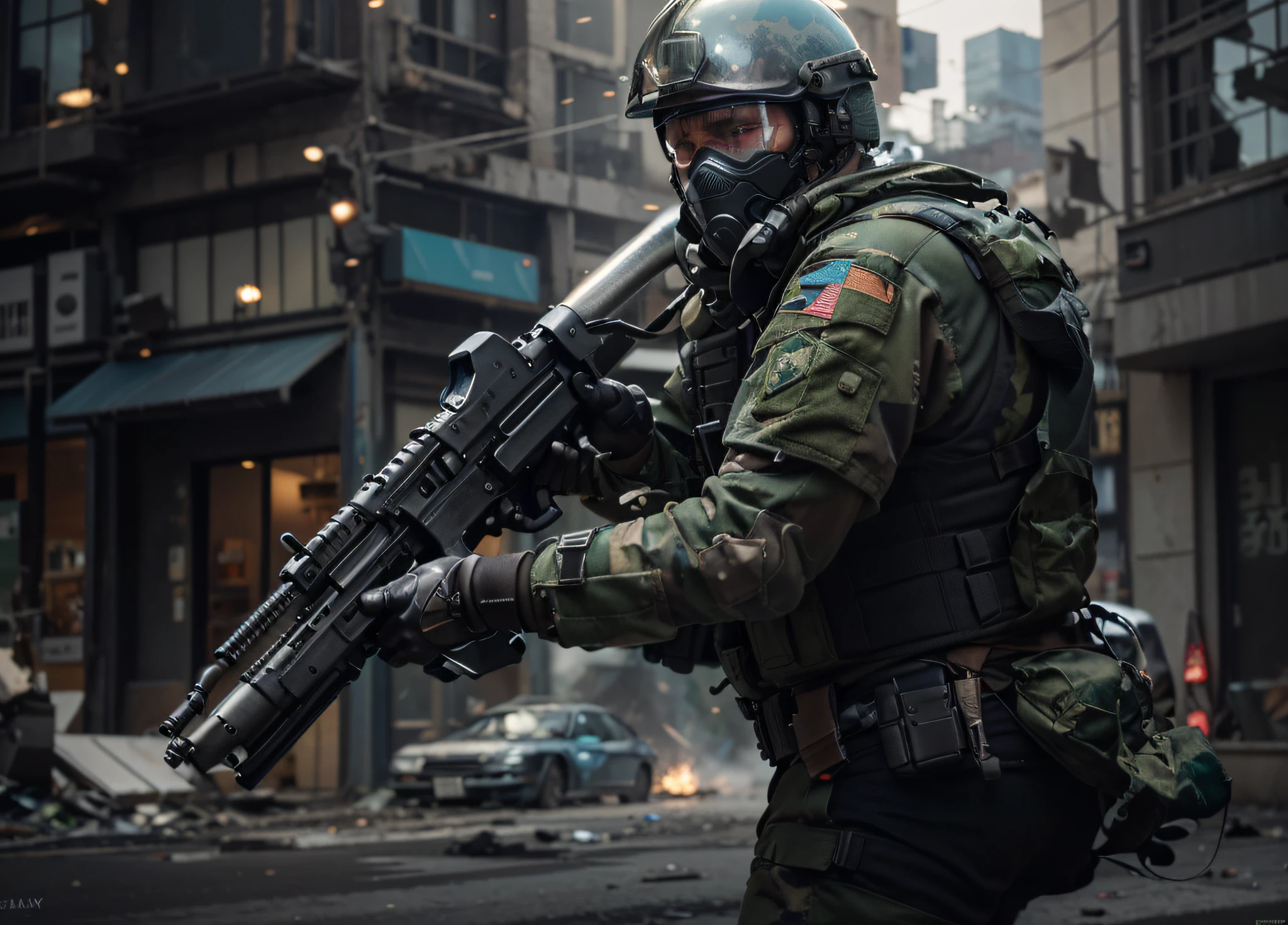 Modern soldier, pilot helmet with blue glass and air mask with tubes, Belt with ammunition, military uniform with green camouflage with blue details metal plates, metal shoulder pads, gloves, heavy bulletproof vest, pipes, Cables, Modern weapon Cyborg style, it is in a completely destroyed city on fire, dark colors Explosions, smoke, debris, Ultra detailed, Hyper realistic, 4k, Ultra detailed image, realistic, Highly detailed, perfect composition, beautiful intricately detailed incredibly detailed, 8K fine art photography, hyper detailed, Masterpiece