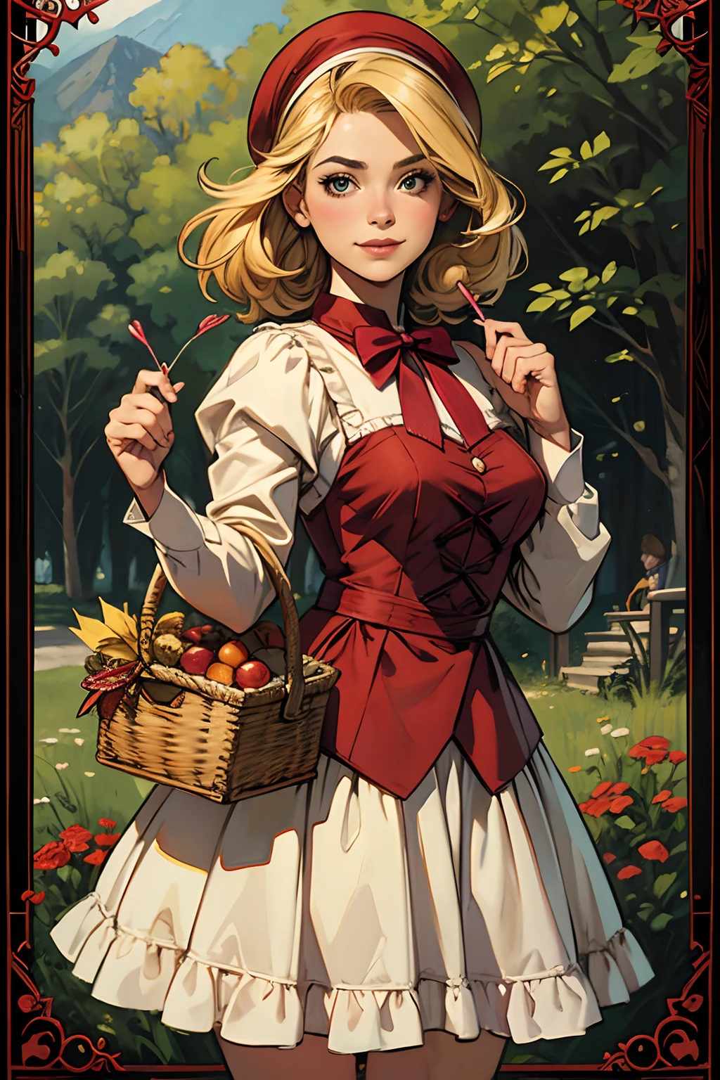 Arte inspirada no estilo de Arthur Adams, chapeuzinho vermelho, Blonde college girl carrying candy in a basket for her granny entering the Black Forest.