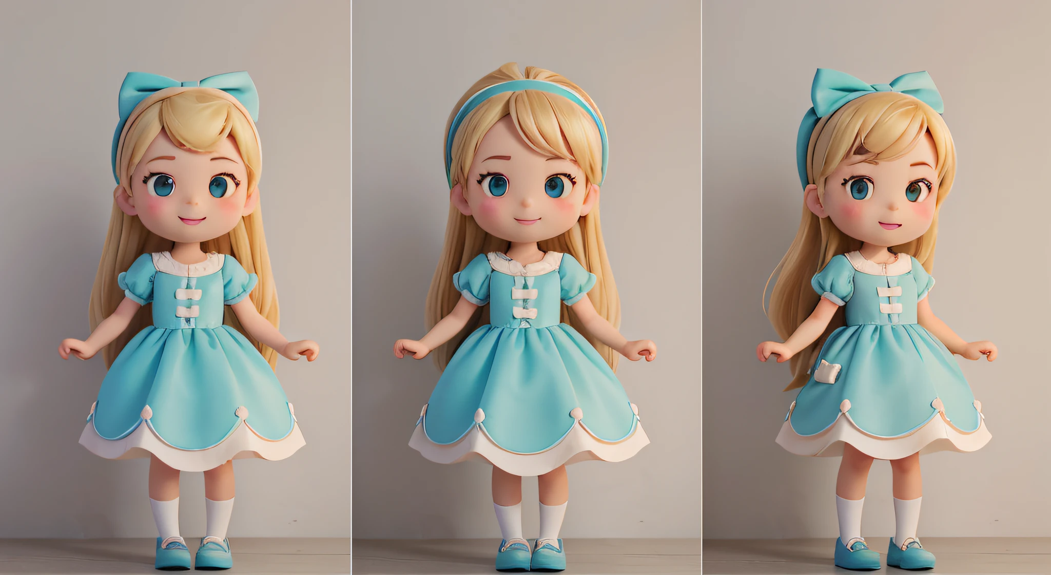 Create 6 profile pictures of (((Kamara))) SAME details BUT different expressions. , (((Kamara))) standing and facing front. (((Kamara))) is a 4--old,te, naughty, same long blonde hair, brown eyes, rosy cheeks, pastel blue vintage dress, a pastel blue bow headband, white shoes. white background. SAME character, SAME dress , SAME HAIR, SAME headband, SAME SHOES, SAME face. different poses. Best Quality. Show (full entire body, Including legs)