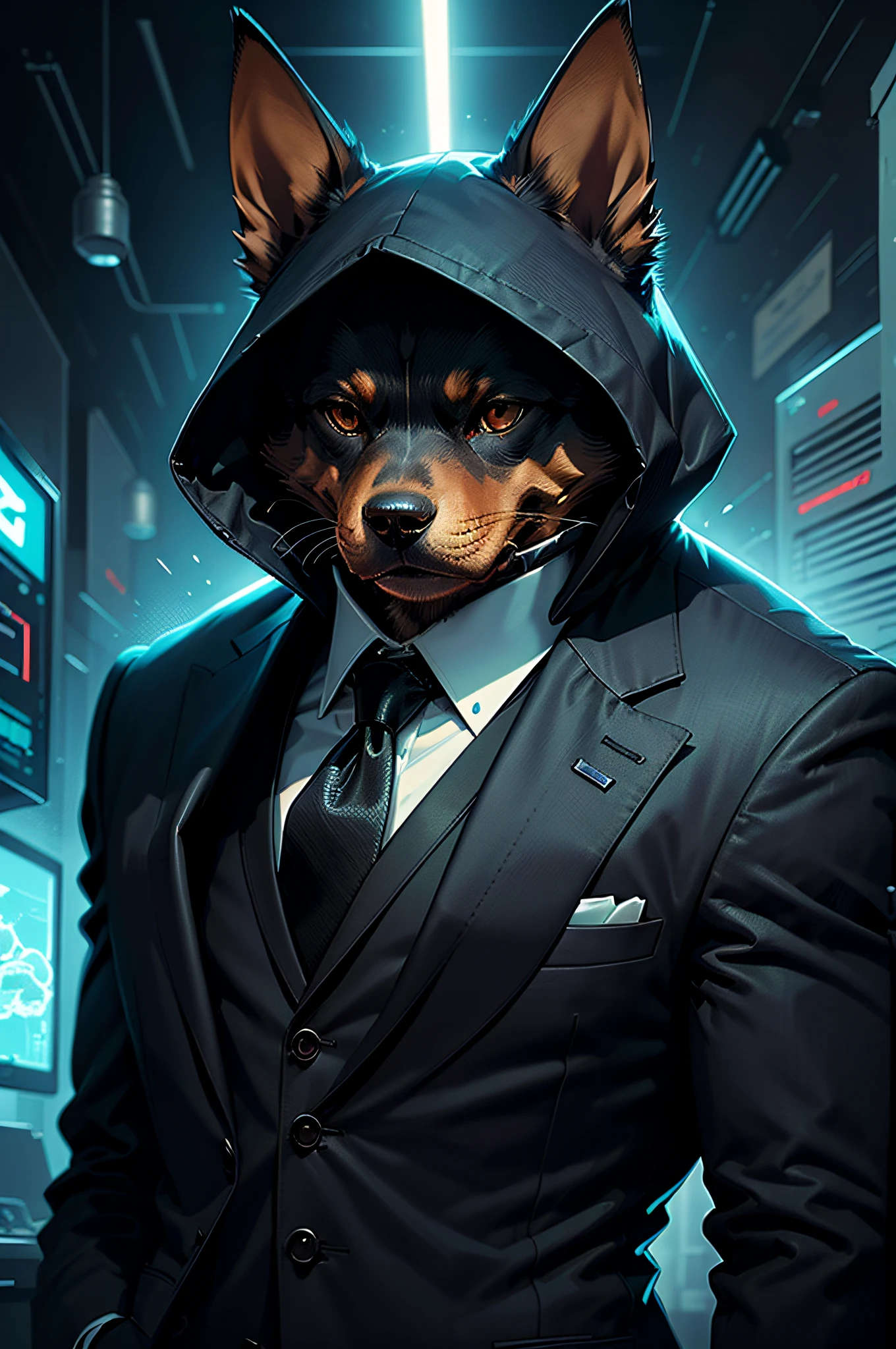 (Man in black suit and tie)comic strip、Anthropomorphic Doberman dog、cyberpunked