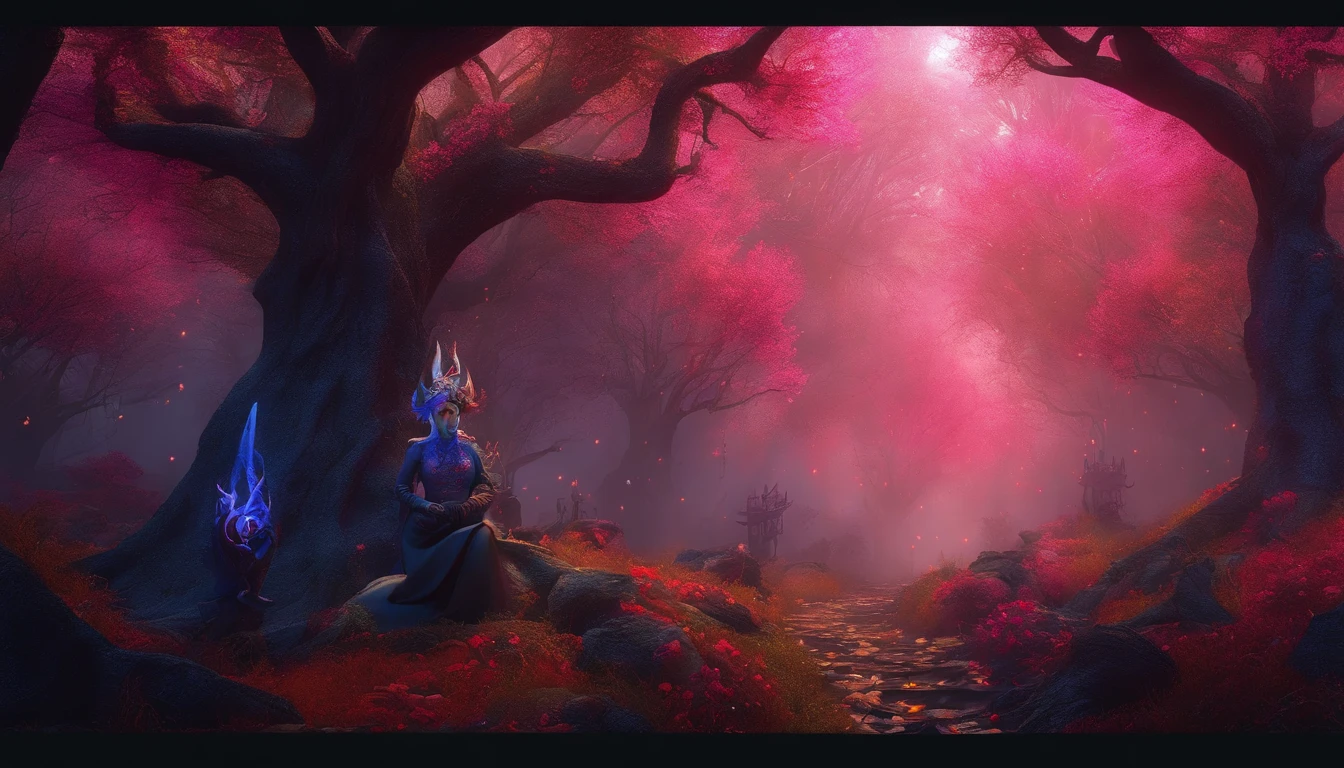 (a blue-haired demon woman,spells:1.1,glowing:1.1)(illustration)(best quality,ultra-detailed,realistic:1.37),demonic witch(demonic:1.1)(magic:1.1)(forest)(dark and mysterious,ominous atmosphere),casting powerful spells,creating magical energy(magic:1.1),vibrant pink hair(swirling pink hair)(flowing pink hair),horns(devil horns:1.1),piercing red eyes,enchanted scepter(magical scepter),elaborate dark robe,glowing magical sigils,fiery embers swirling(magical embers:1.1)(glowing embers),magical aura(glowing aura),eerie shadows,otherworldly presence(presence),sinister smile,nightfall in the background(dark night:1.1)(moonlit forest),lush and dense foliage(twisted trees)(mystical plants:1.1),mystical particles(swirling particles)(floating particles),ethereal glow(ethereal:1.1)(soft glow),faint moonlight breaking through the trees,haunting and captivating(scary atmosphere),bewitching beauty,wide range of colors(vivid colors)(contrasting colors),mystical realm,impressive details,dynamic composition,mesmerizing artwork,photorealistic style(picasso style),impressive shading and lighting,explosive energy,magical atmosphere(fantasy atmosphere),dreamlike scene