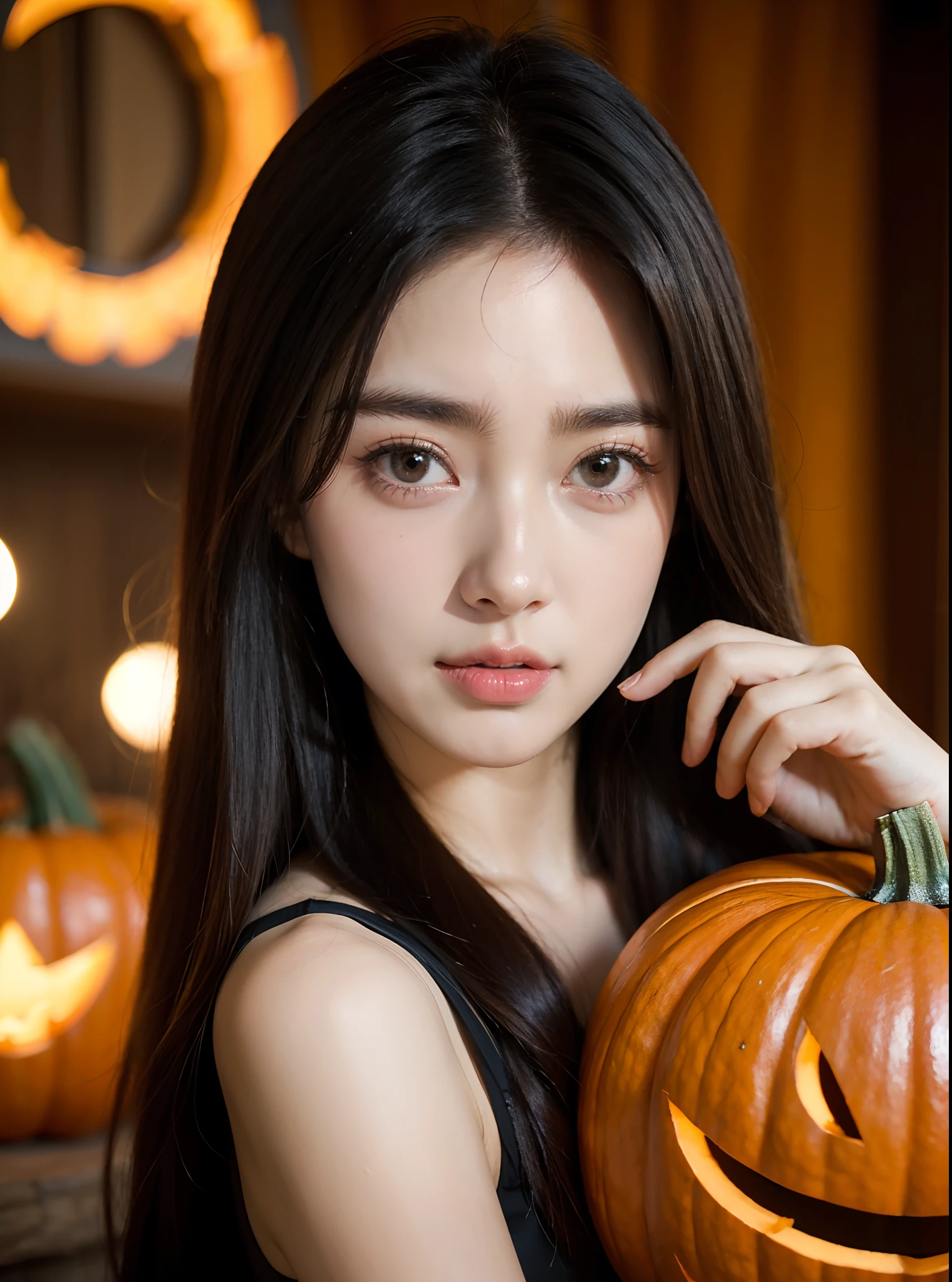Girl in wizard costume holding halloween pumpkin at halloween costume and halloween party.,
Masterpiece, Best Quality, realisitic, The ultra-Highres, Depth of field, (Detailed face:1.5), (Detailed Eyes:1.5), detailed background, (Masterpiece:1.2), (The ultra-detailliert), (Best Quality), intrikate, Cinematic lighting, 8K RAW photo, Glamour Magazine, Kim Tae-ri