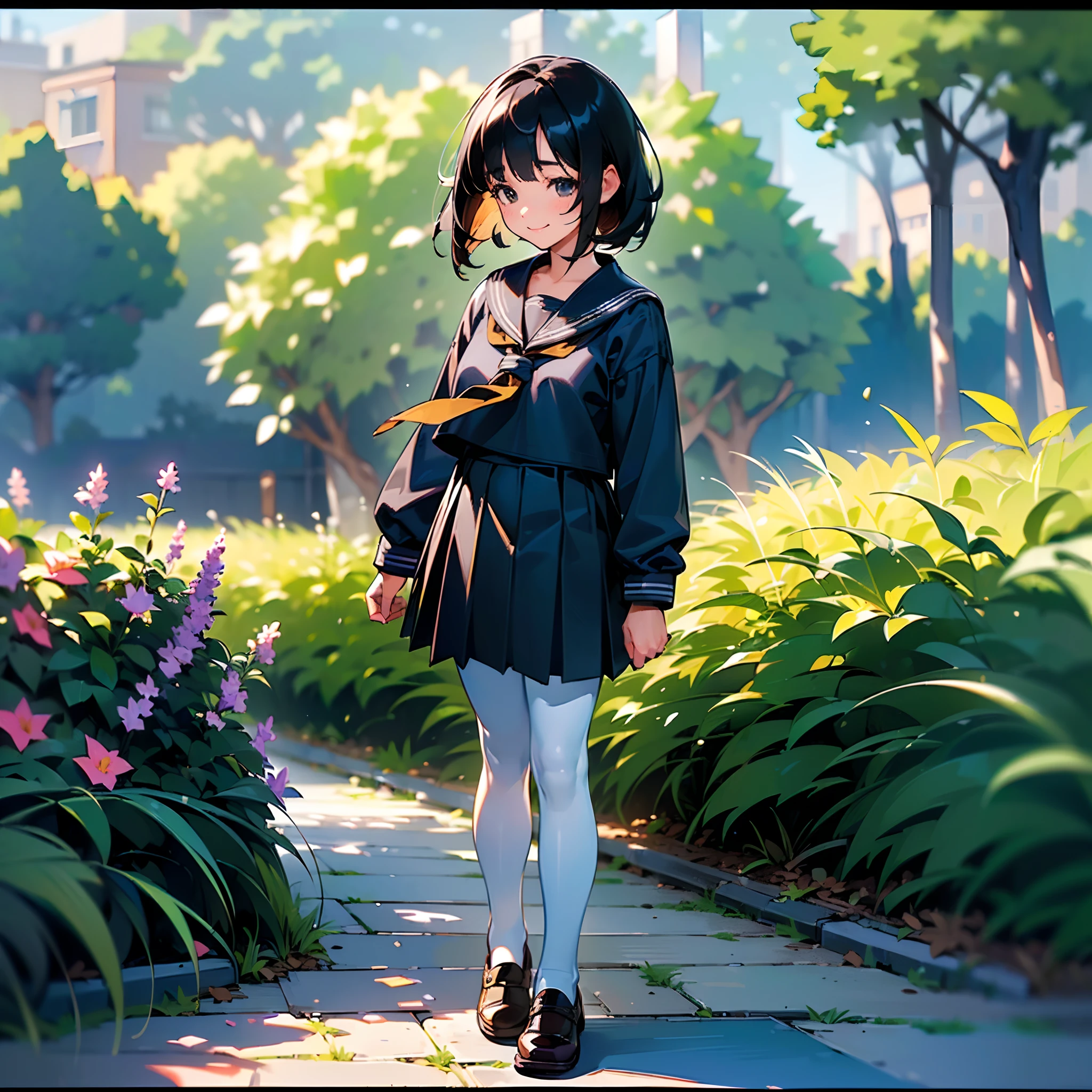 (Best Quality, hight resolution, Ultra-detailed, Realistic:1.37), peaceful ambiance, (plein air, garden), Teenage girl standing alone, Beautiful detailed features, Cute smile, ((Black bob hair)),Navy blue sailor suit, Pleated skirt,White tights,Brown leather shoes.