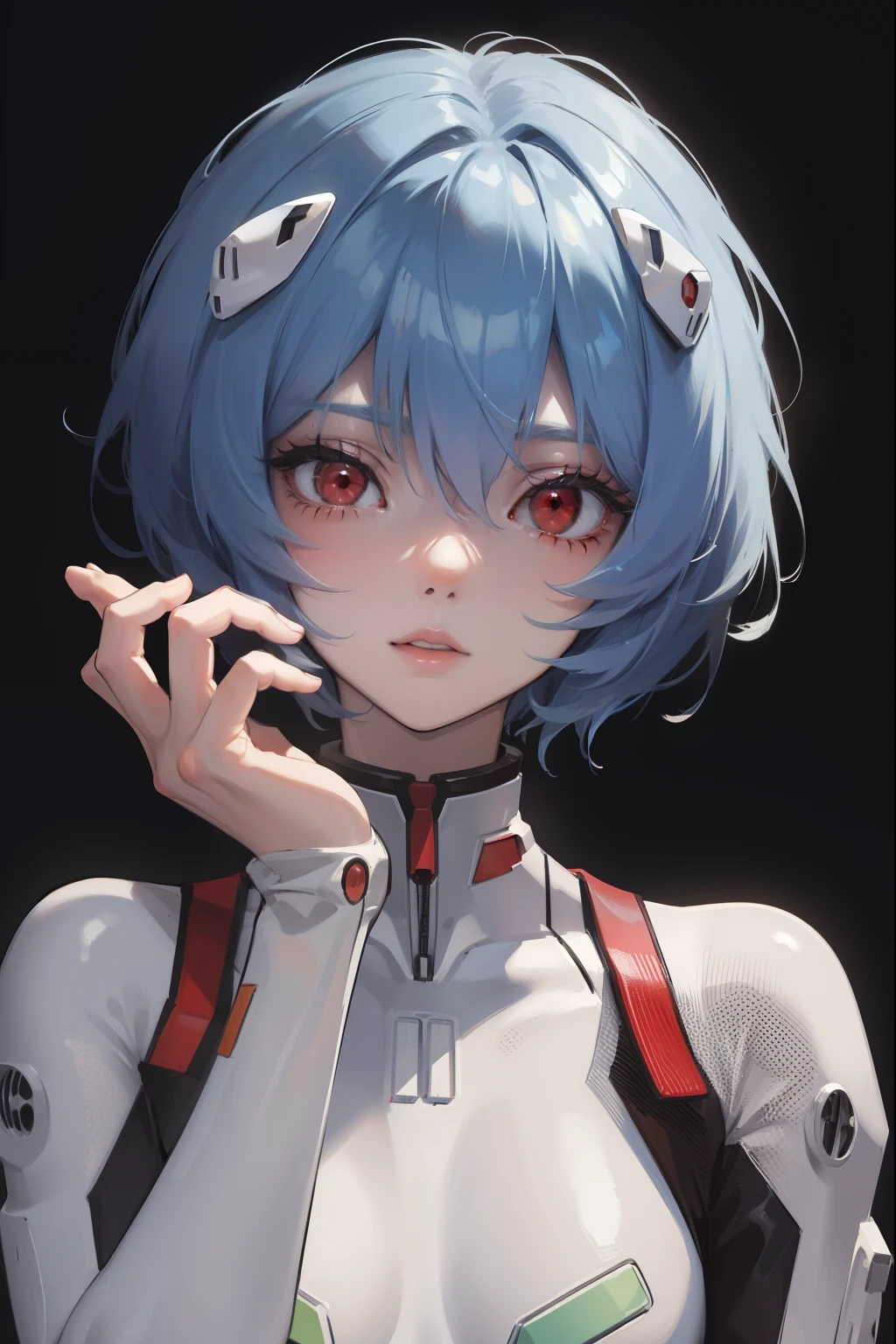 reiayanami, rei ayanami, blue hair, short hair, (red eyes:1.5),
BREAK bodysuit, headgear, plugsuit, white bodysuit,
BREAK outdoors, city,
BREAK looking at viewer,
BREAK (masterpiece:1.2), best quality, high resolution, unity 8k wallpaper, (illustration:0.8), (beautiful detailed eyes:1.6), extremely detailed face, perfect lighting, extremely detailed CG, (perfect hands, perfect anatomy),