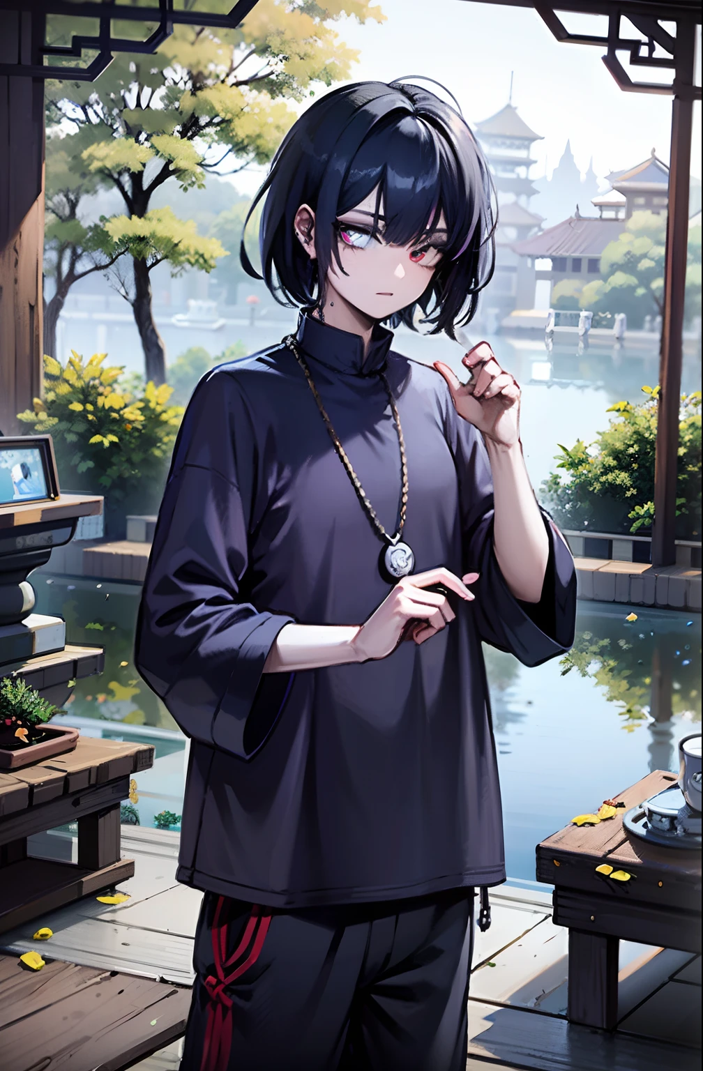 Man, 20 anos, corte de cabelo bob, cabelos azuis, messy hair, olhos vermelhos, Dark circle under the eyes, 4k, Jujutsu Kaisen Artsyle, Colar Ying Yang, Camisa roxa, azul, sweatpants, Preto grande, In a Chinese garden, 4k, Lago ao fundo , Chinese trees