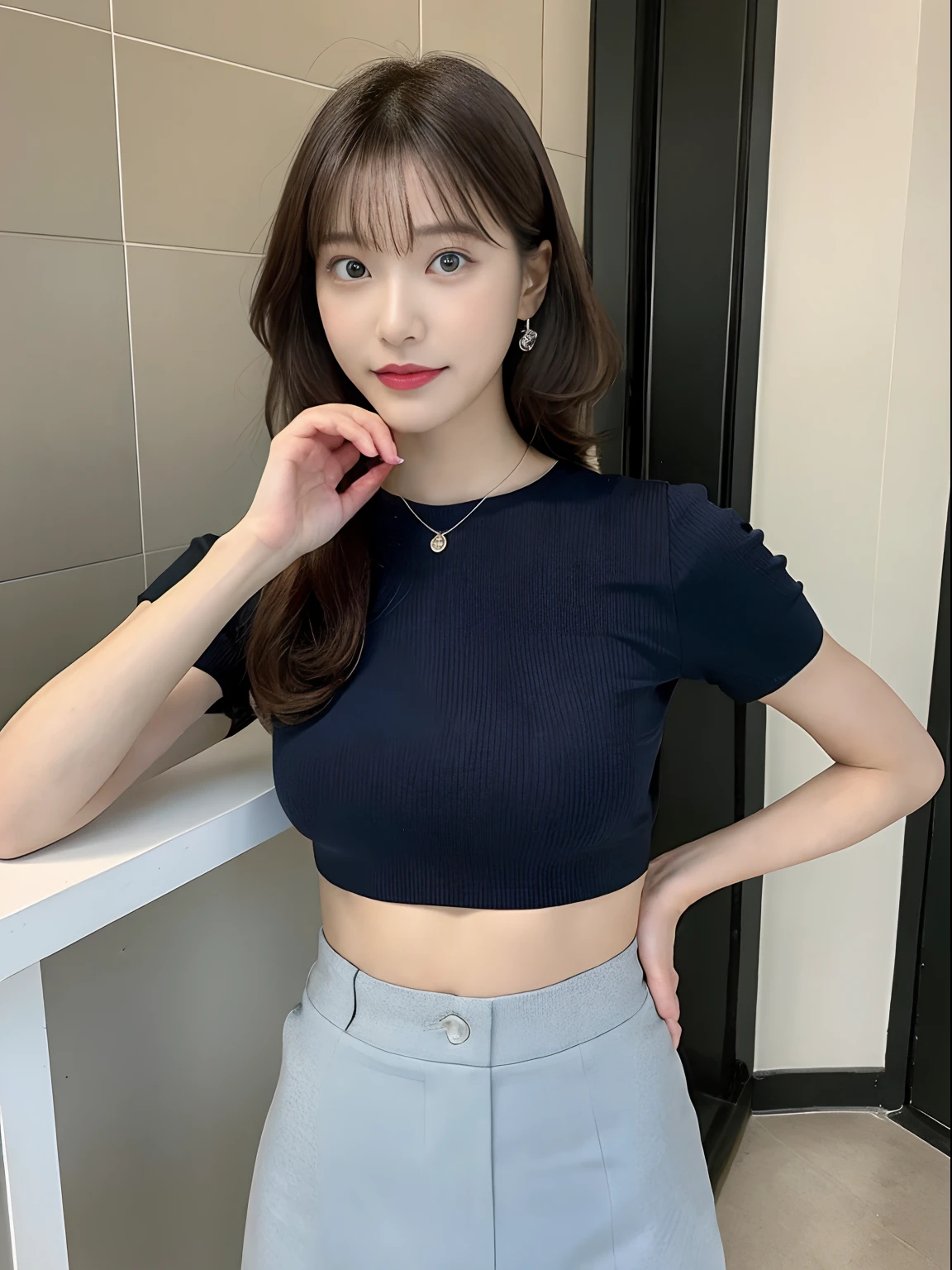 1 girl in, (Best quality, high resolution, masutepiece :1.3), A tall and beautiful woman, Slender abs,Short black hair，Scattered wavy, no-bra, nedium breasts, Wearing a pendant, Short white crop top sleeves. bag over the waist,Blue hip skirt, (Mirror image in the background), Details exquisitely rendered in the face and skin texture, Detailed eyes, 二重まぶた