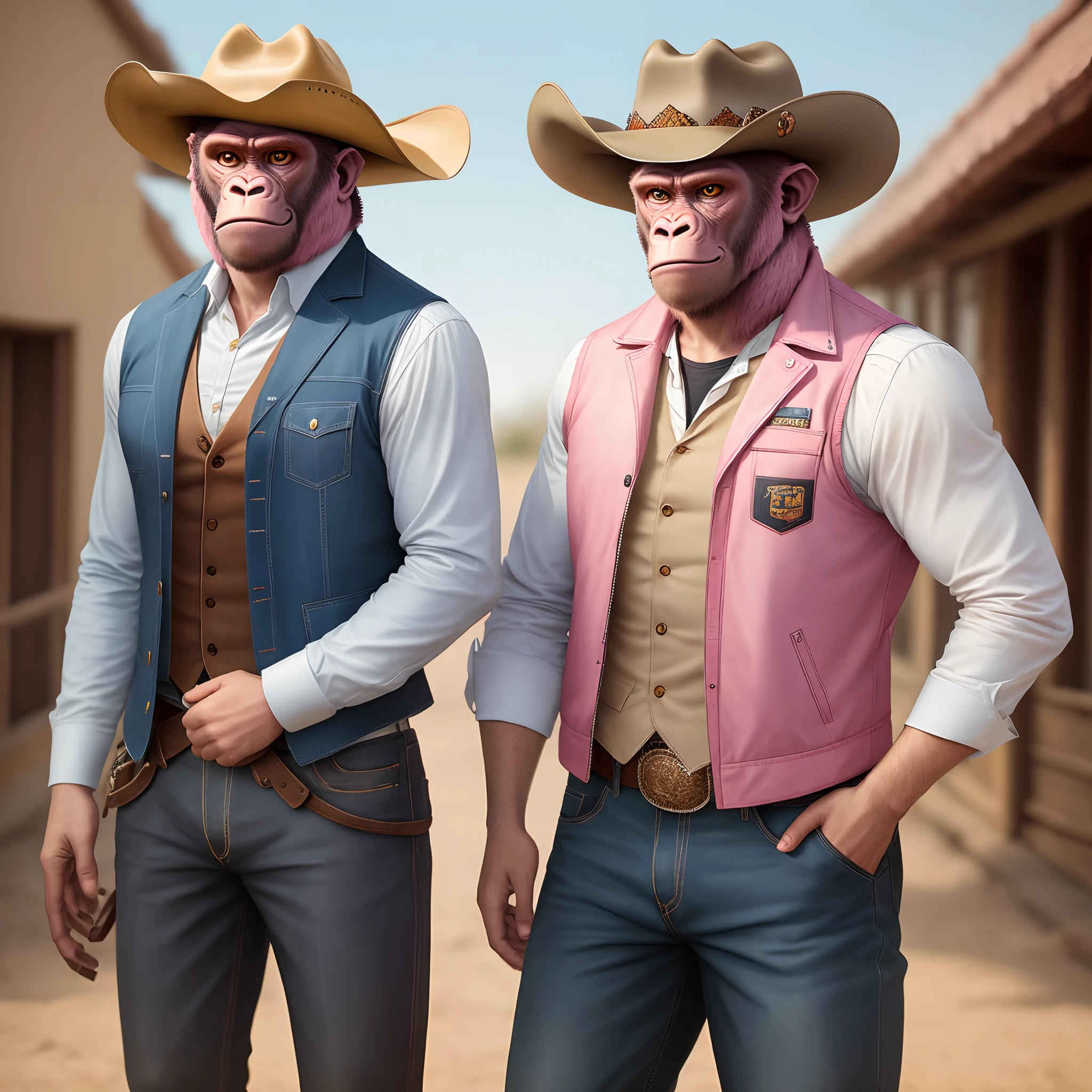 Pink gorilla wearing a cowboy hat and vest