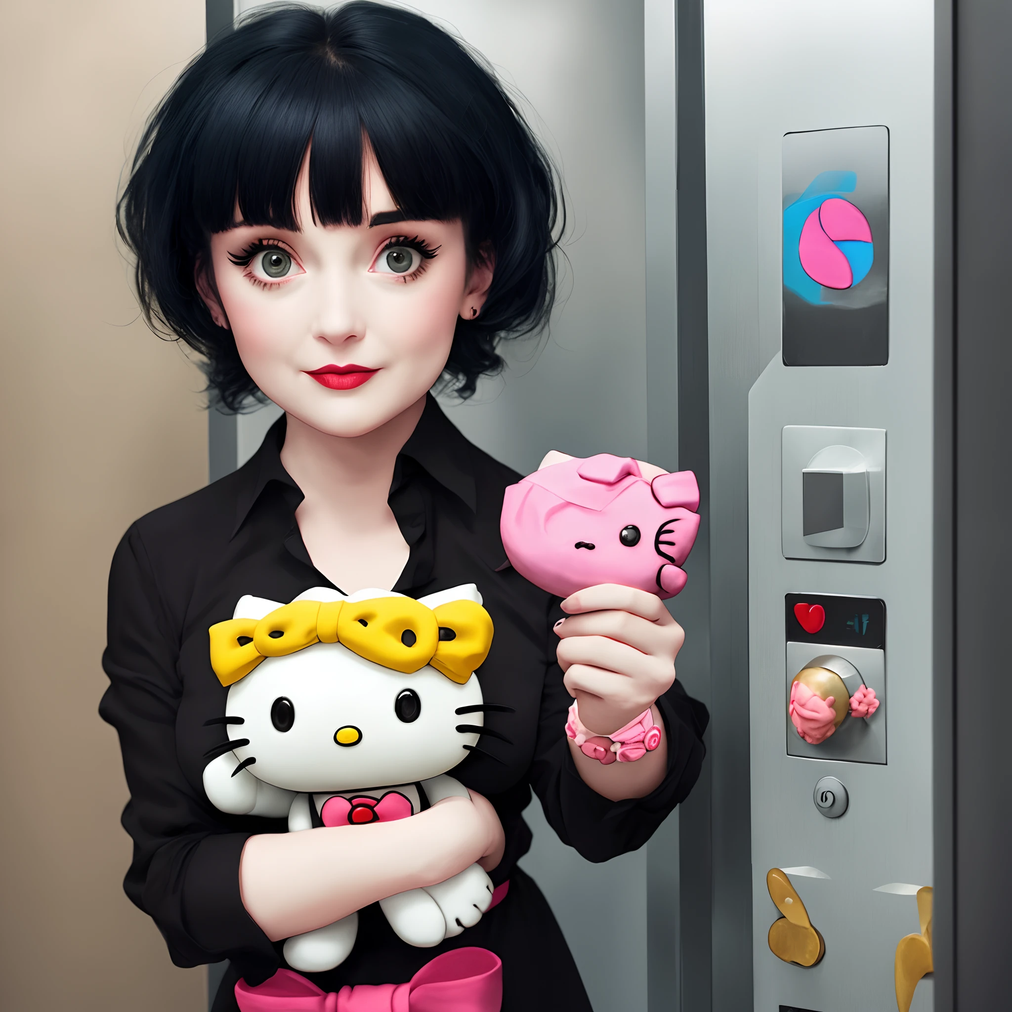 Lydia deetz holding hello kitty in a elevator