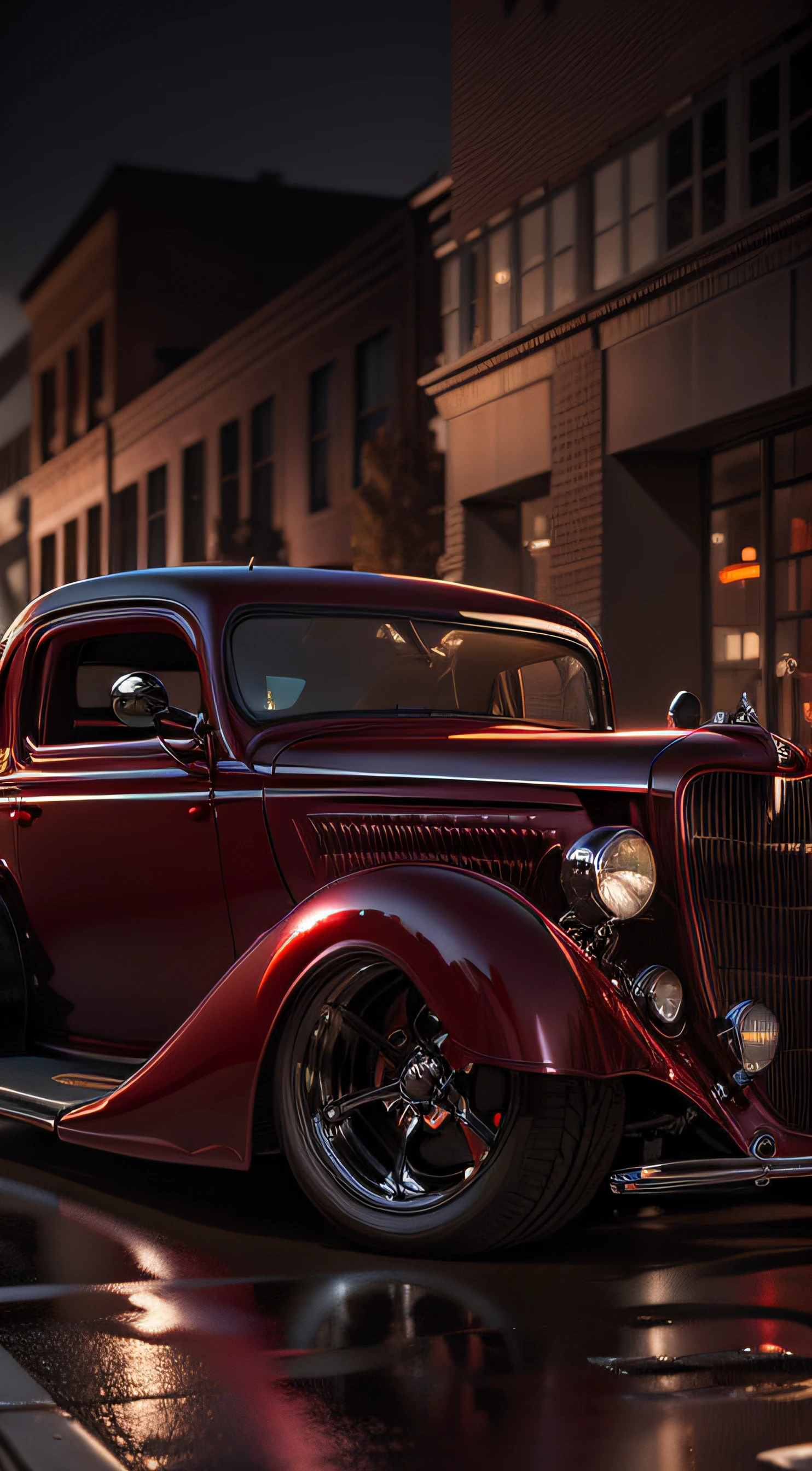 a dark red 1934 Ford hotrod lowered with custom wheels. Editorial photoshoot downtown at night. cinematic lighting