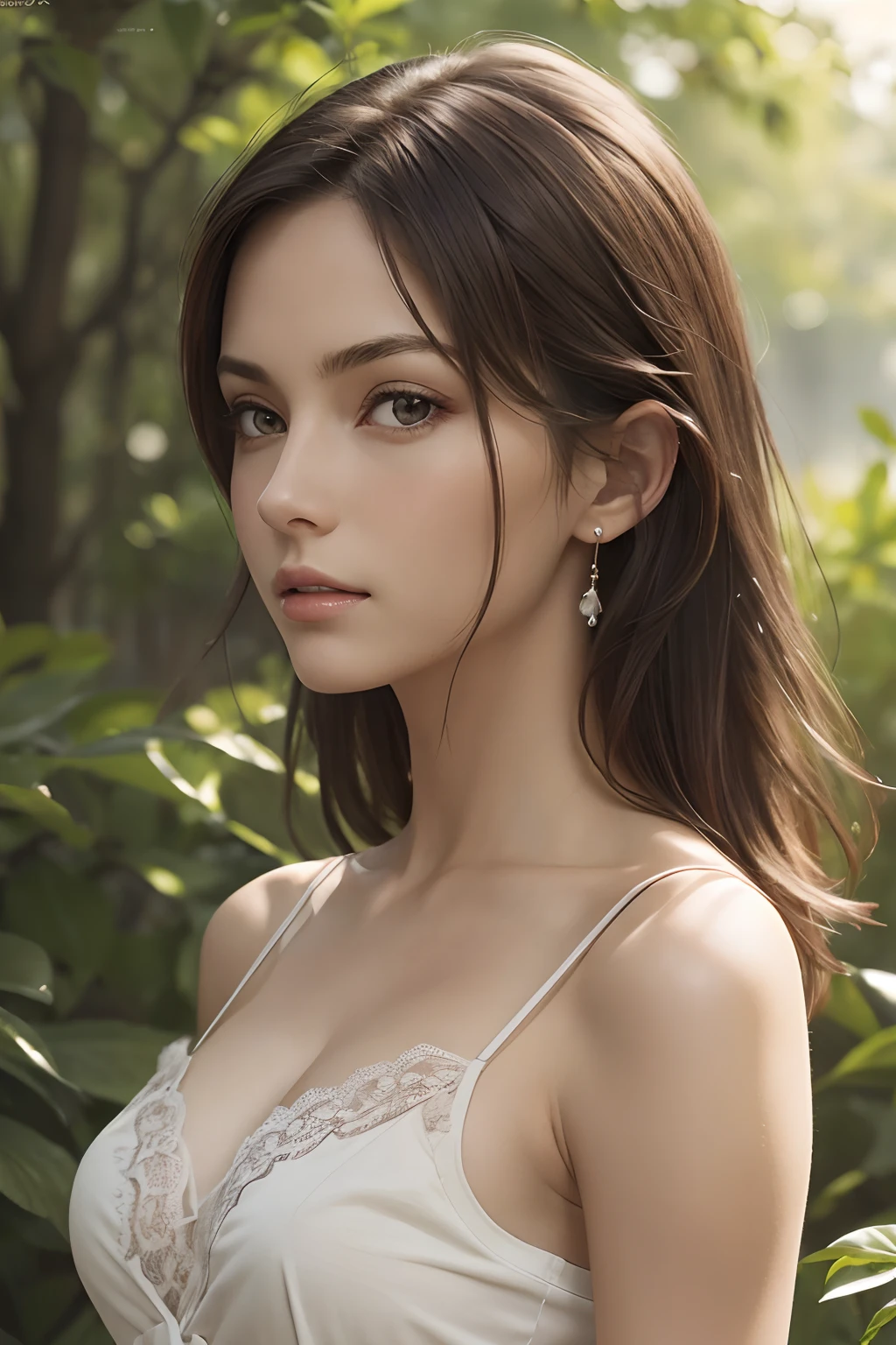 (masutepiece, Best Quality, Photorealistic, hight resolution, Photography, :1.3), Very close-up shot, Sharp Focus, 1 brunette girl, European Girl, hotmodel, Midriff, Highly detailed eyes and pupils, Realistic skin, Slim body shape, cleavage, very detail hair, Delicate sexy face, Organoleptic gas, shiny lips, ((wearing camisole)), plein air, ((Realistic, Super realistic, Realism, realistic detail))