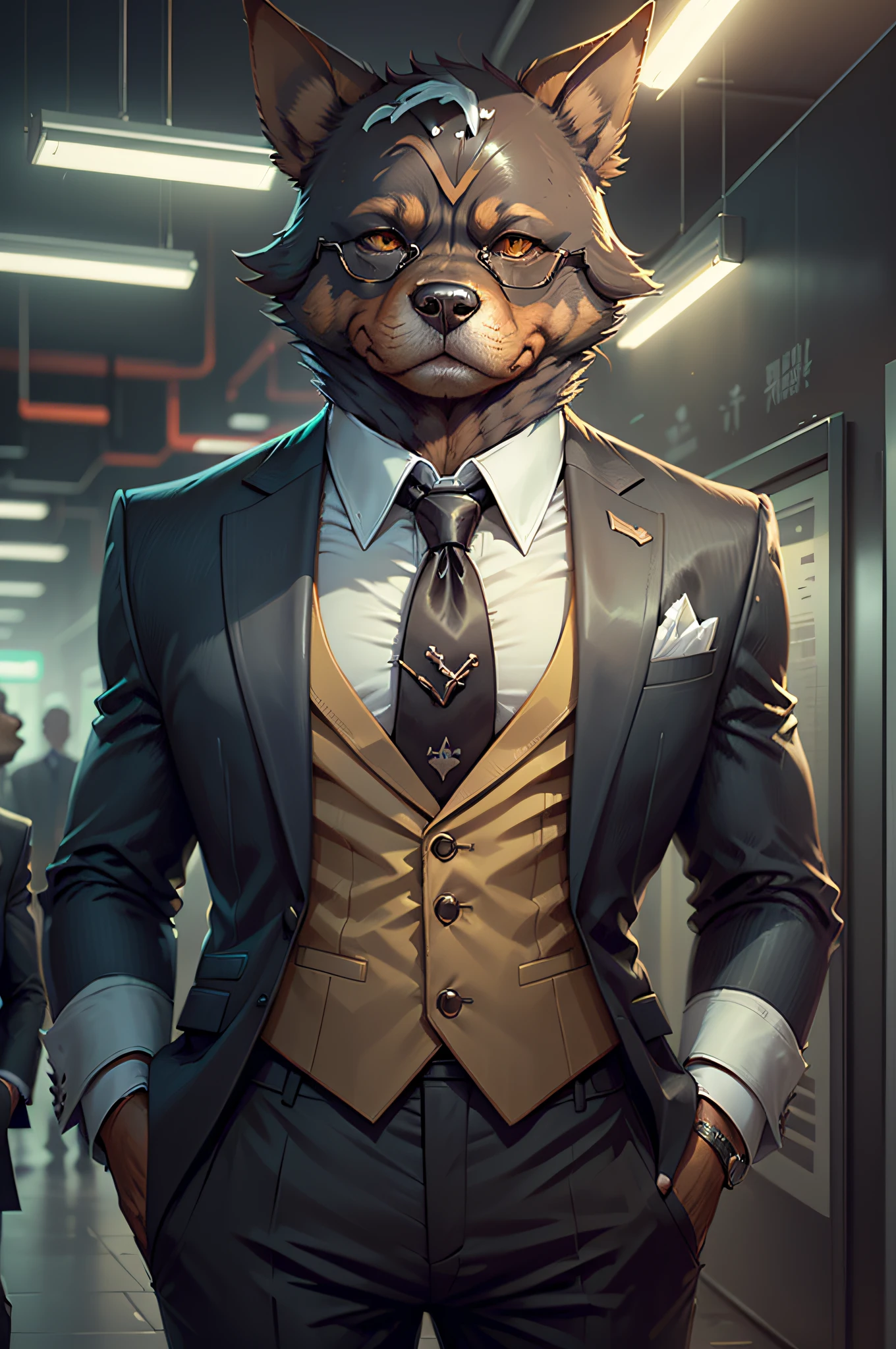 (Man in suit and tie)comic strip、Anthropomorphic Doberman dog、cyberpunked