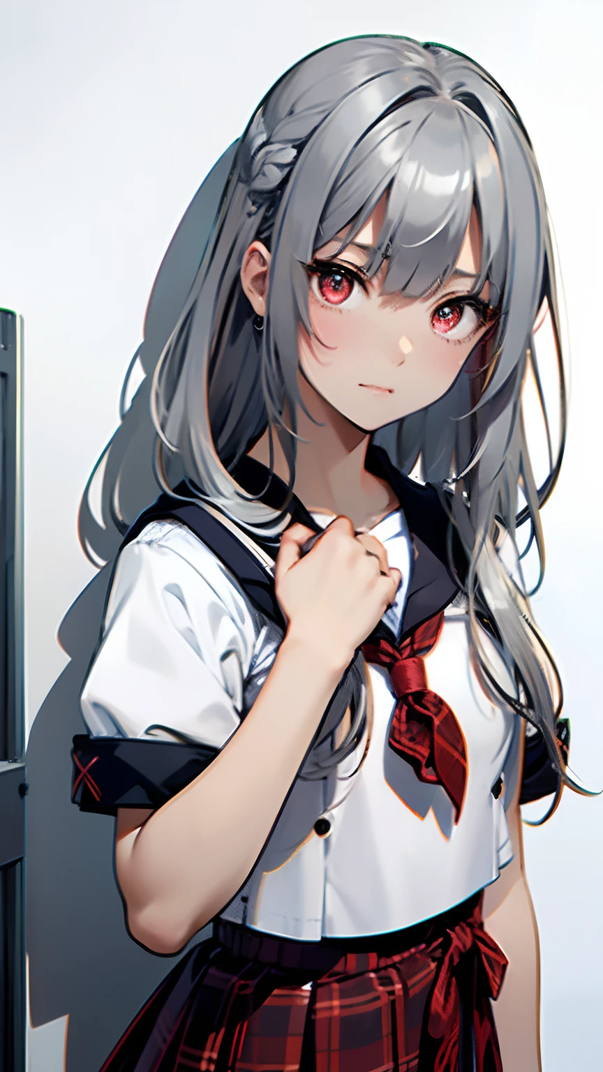 (top-quality, 8K, 32K, masterpiece, nffsw:1.2), (Raw photography), (realisitic), (Photorealsitic:1.2), (hight resolution), ultra-detailliert, extremely beautiful face and eyes, 1girl in, infp young woman, round small face, big breasts thin waist、(((tiny chest)))、(((White wall background)))、slim proportions, (student clothes, a sailor suit、White sailor suit, The collar has a red plaid pattern、Dark blue pleated skirt:1.23), (bustshot)、(((Hair color is silver)))、((Sailor suit with short sleeves))、((closing eye))、((I'm a little angry))、(((The ends of the hair are tied)))、(((side poneyTail)))、(((Facing to the side)))、(((Put your right hand on your chest)))、((closing eye))、(((Hair color is silver)))