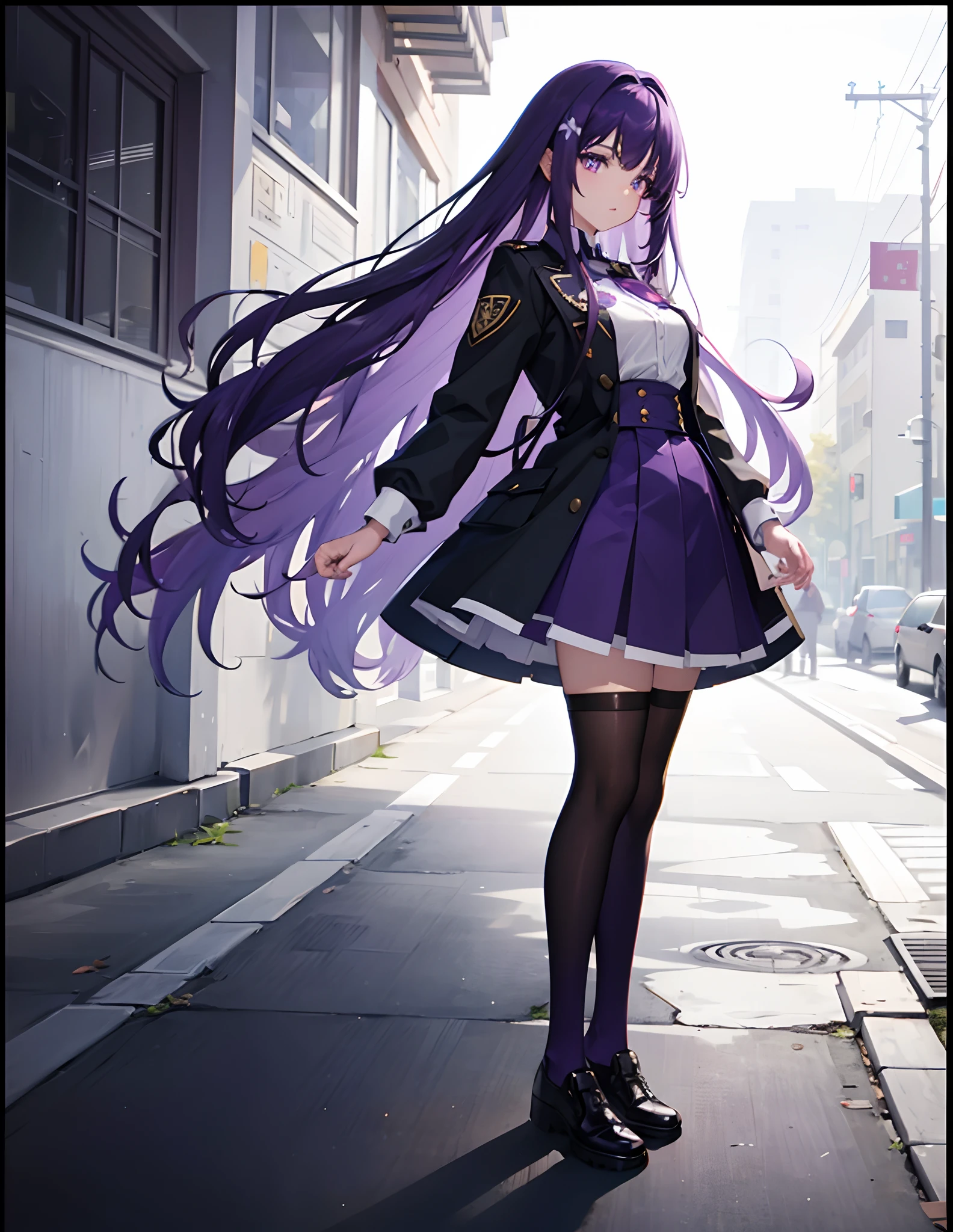 1girl, long purple hair, purple eyes, white academy uniform, standing on ground, high res, ultra sharp, 8K, masterpiece