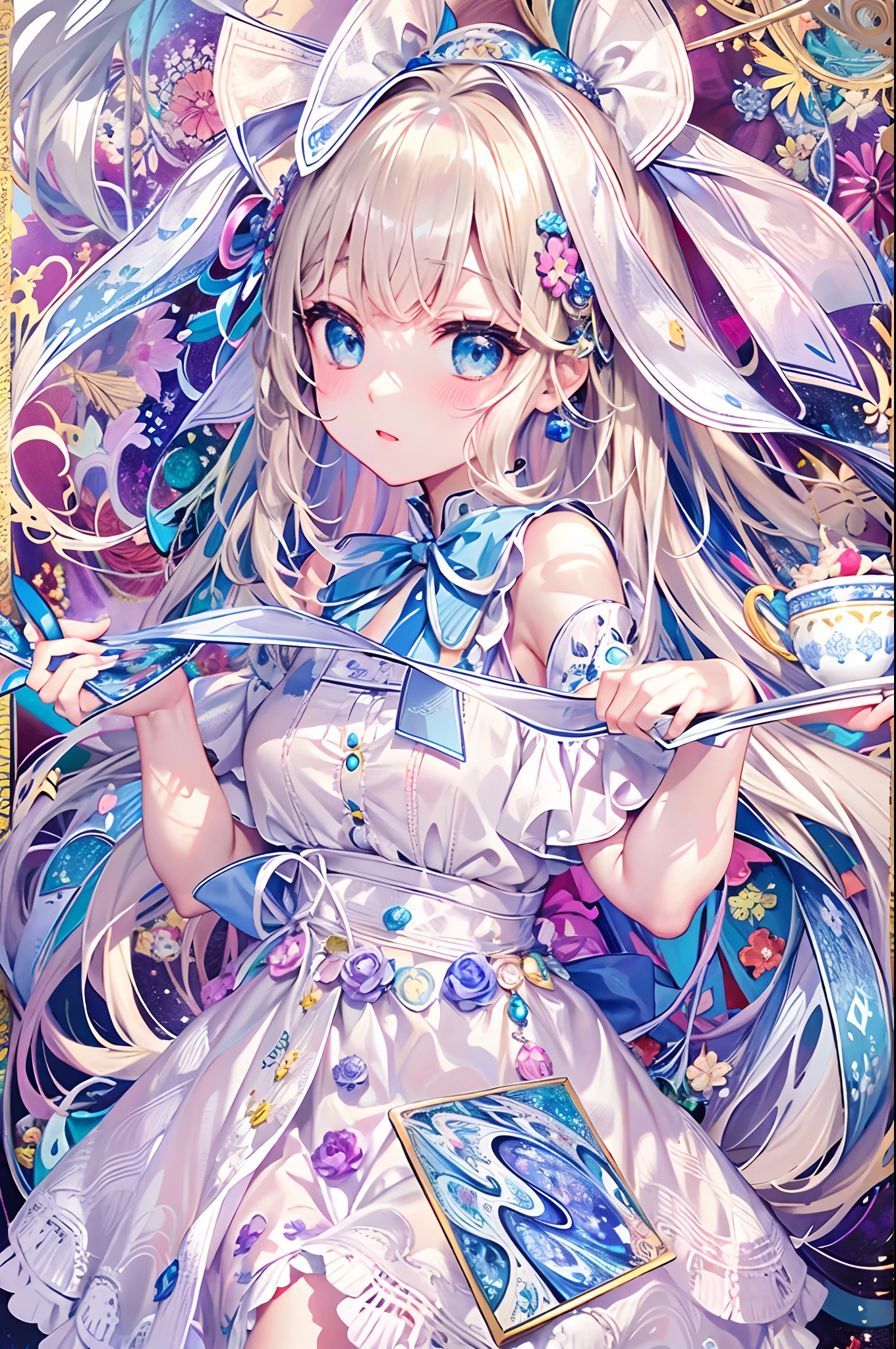 (masuter piece、top-quality、Mystical、Beautifully Aesthetic、offcial art、Impresionismo、von gogh:1.2)、(1 girl in:1.3)、(Fractal Art:1.4)、shinny skin、patterns、(alice in the wonderland:1.2)、(bunny rabbit、PlayingCards、tea cup、pocket watch:0.8)、Tie your hair with a ribbon、Blue Dress、a miniskirt、White Apron、white sock、platinum-blonde、Blue eyes、Exotic wallpapers、highly colorful、Abstract background、Fantastical