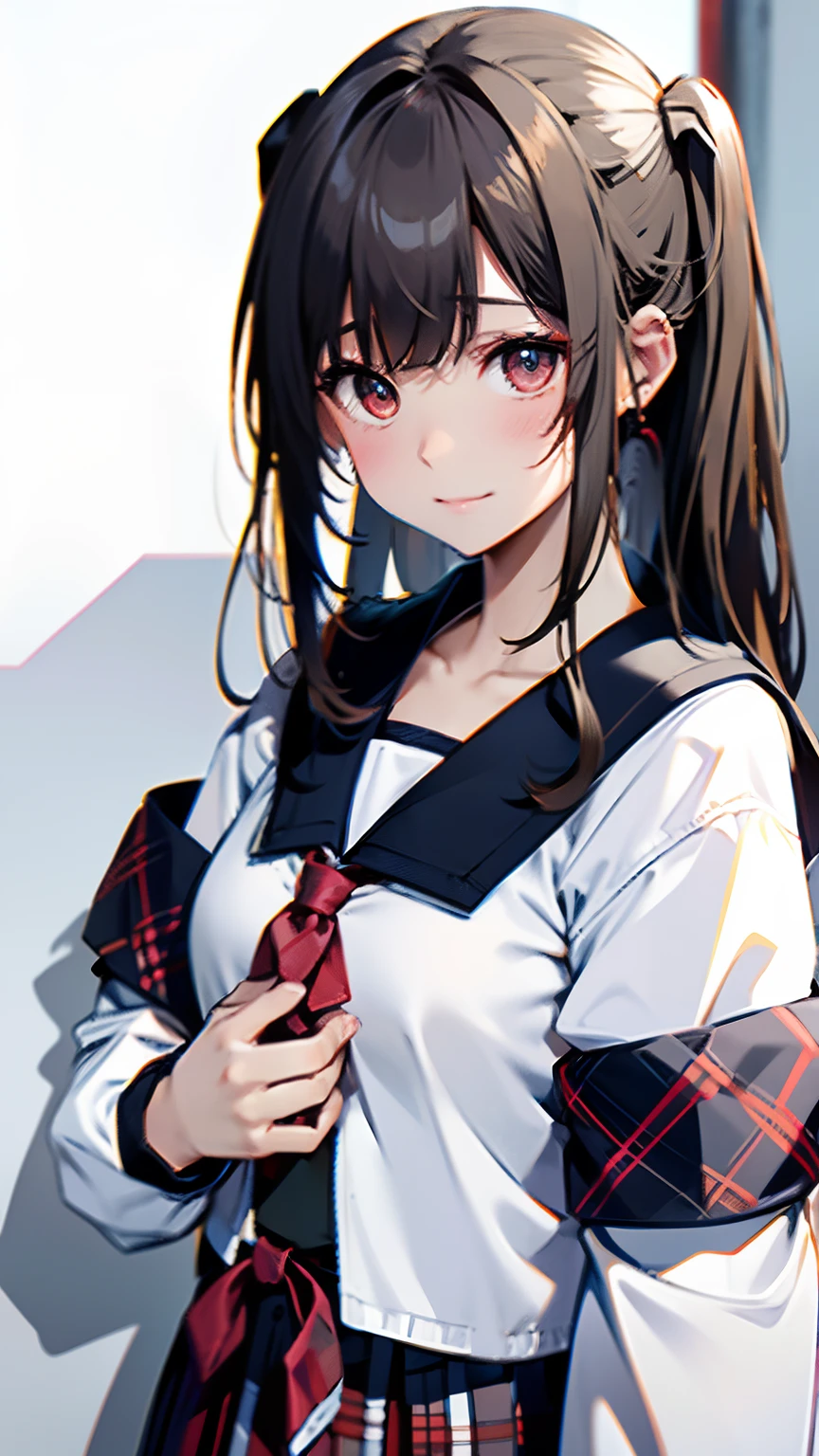 (top-quality, 8K, 32K, masterpiece, nffsw:1.2), (Raw photography), (realisitic), (Photorealsitic:1.2), (hight resolution), ultra-detailliert, extremely beautiful face and eyes, 1girl in, (Lori), infp young woman, round small face, big breasts thin waist、(((tiny chest)))、(((White wall background)))、slim proportions, (student clothes, a sailor suit、White sailor suit, The collar has a red plaid pattern、Dark blue pleated skirt:1.23), (bustshot)、(((Hair color is gray)))、((Sailor suit with short sleeves))、((closing eye))、((Mouth closed))、(((The ends of the hair are tied)))、(((side poneyTail)))、(((Facing to the side)))、(((Put your right hand on your chest)))、((I close my eyes))
