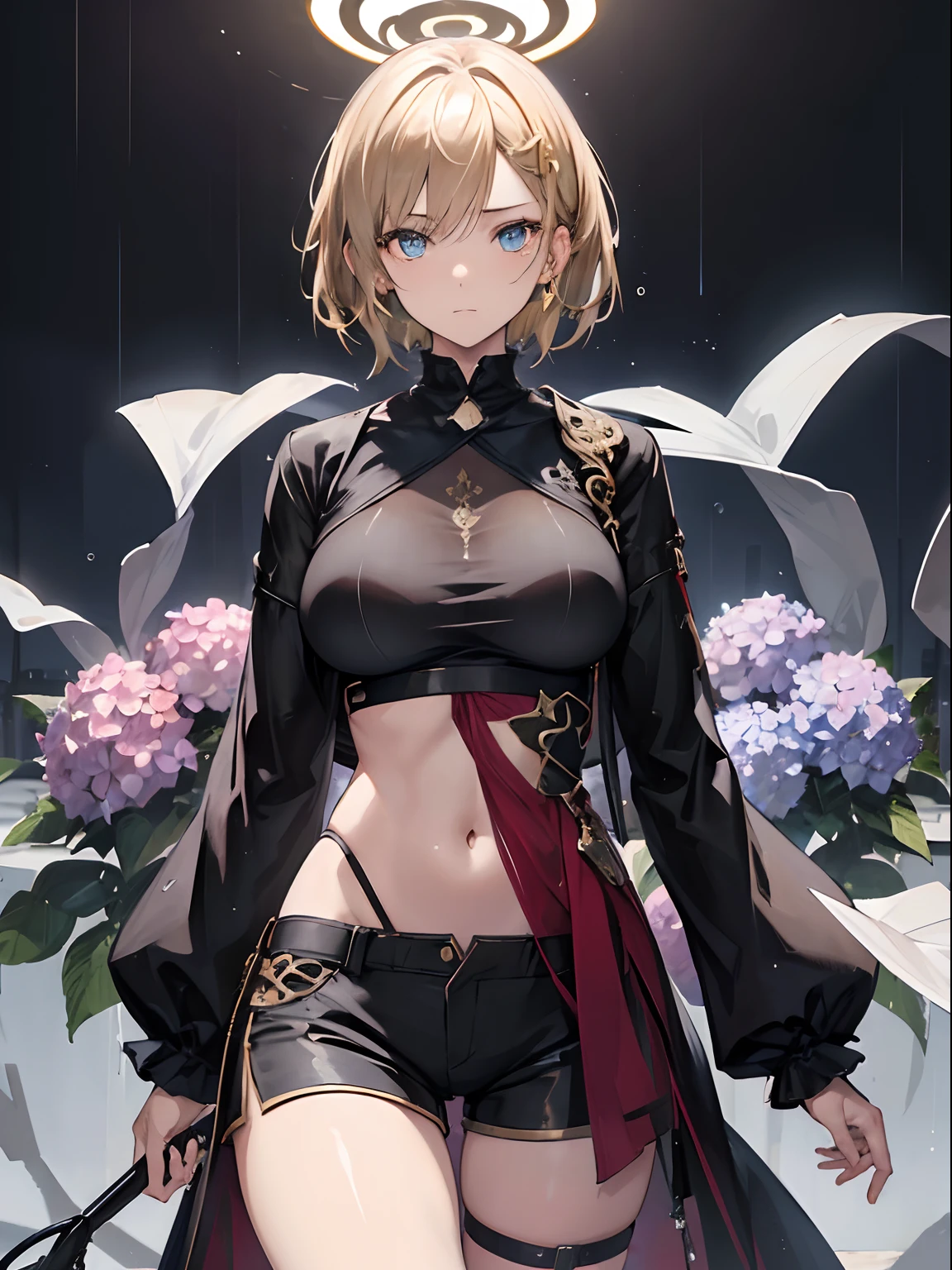 (masterpiece:1.2) (best quality) (detailed) (intricate) (8k) (HDR) (cinematic lighting) (sharp focus), (perfect face), ((( 1 girl ))), cool looking woman, short hair, tomboy, mature, expressive eyes, heterochromaia eyes , (perfect female proportions), (very large breasts), women loose shirt, with casual shorts, long legs, skinny legs, slim hips, tomboy, milfication, mature female, casual clothes, the loneliest girl, artistic, (golden hour), (rain, sad, Hydrangea), luminism, serenity, Anime art, a contrast between the realistic and the absurd, Focused on Woman, chaotic, high creative, dynamic, informative