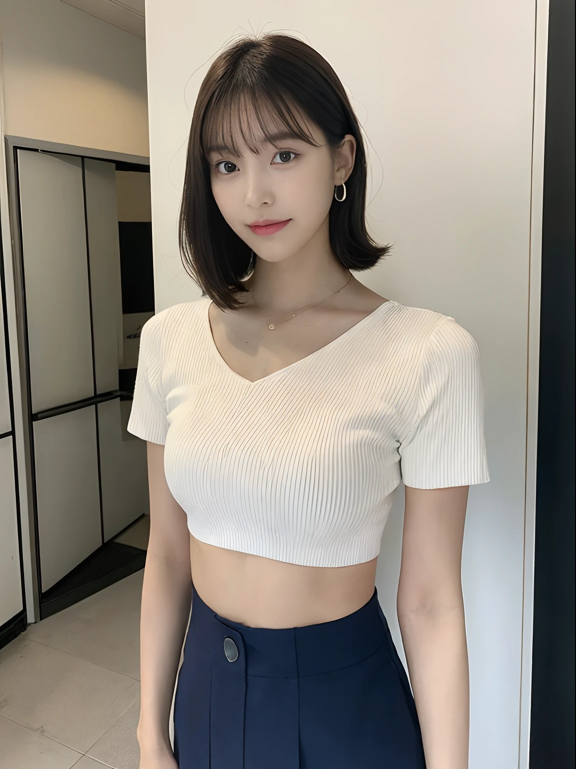 1 girl in, (Best Quality, High resolution, masutepiece :1.3), A tall, Seductive and beautiful woman, Slender Abs,Short black hair，Scattered wavy, no-bra, nedium breasts, Wearing a pendant, Short White Crop Top Sleeve. bag over the waist,Blue hip skirt, (bedroom in the background), Details exquisitely rendered in the face and skin texture, Detailed eyes, 二重まぶた、