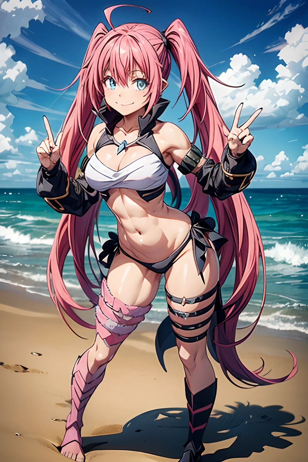 1Female, (((smile))), Tensei Shitara Slime Datta Ken（((Milim Nava))), Demon Lord King、Milim Nava's masterpiece body、High Quality Bikini Armor、Black Bikini Armor、 Milim Precise Face、(blue eyes)、Evil Look、Pink hair、Two-tailed、Proud double tails、bare feet, medium feet, rounded toes ultra quality, ultra detailed, rounded nails painted in black nail polish, ultra detailed、medium breasts, ( ((full body photo))), (((muscular belly))), on the beach, (((Ultra-detailed and realistic muscular legs))), Ultra Detailed Face, perfect setting, standing, doing the pose of peace