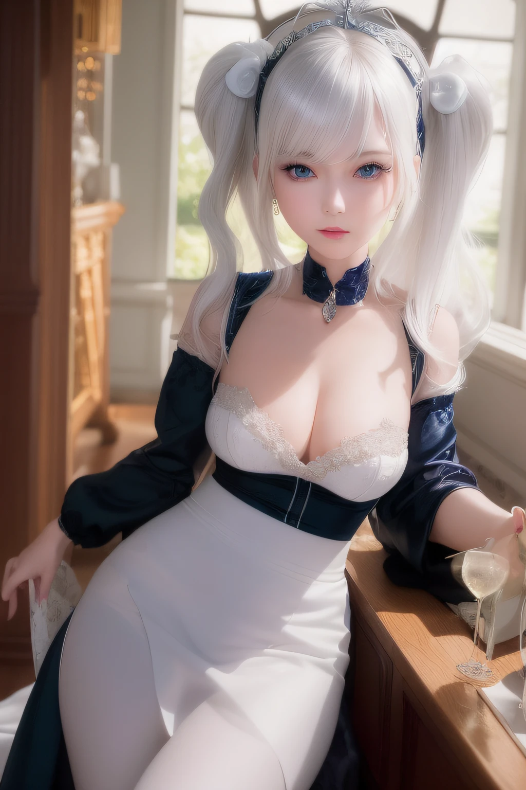 A woman in a white dress and blue eyes is posing, elegant lady with alabaster skin, Anime Barbie in white stockings, Tifa Lockhart with gray hair, Seductive Anime Girl, artwork in the style of guweiz, gorgeous maid, a sexy maid in a magical forest, Trending on CGSTATION, li in dress, beautiful alluring anime woman