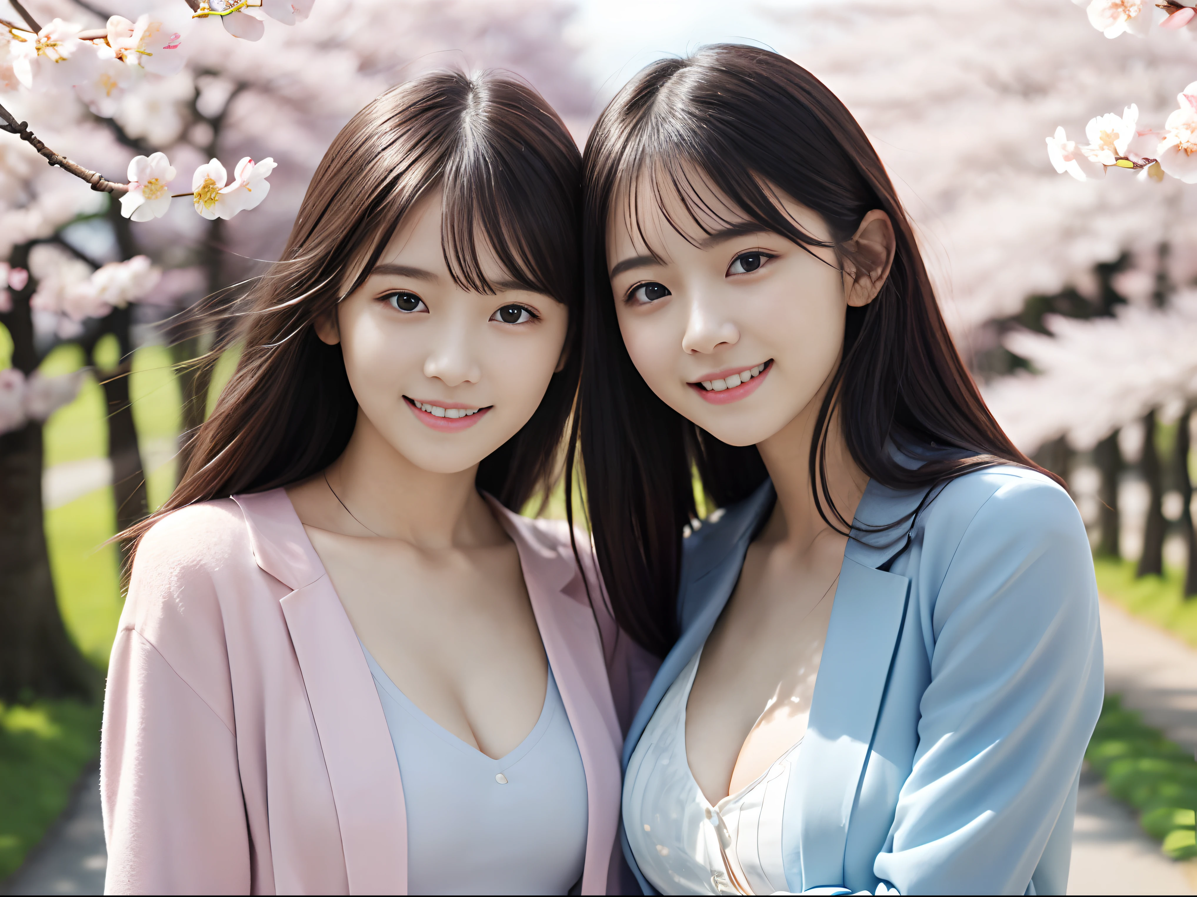 (Close up portrait of two girls with thin small breasts and long hair in pastel jacket and shirt:1.5)、(Two girls spread their arms with small smiles、Let your hair flutter in the wind :1.5)、(Rows of cherry blossom trees in full bloom and cherry blossom petals dancing in the wind:1.5)、(Perfect Anatomy:1.3)、(No mask:1.3)、(complete fingers:1.3)、(cleavage of the breast:1.3)、Photorealistic、Photography、masutepiece、top-quality、High resolution, delicate and pretty、face perfect、Beautiful detailed eyes、Fair skin、Real Human Skin、pores、((thin legs))、(Dark hair)