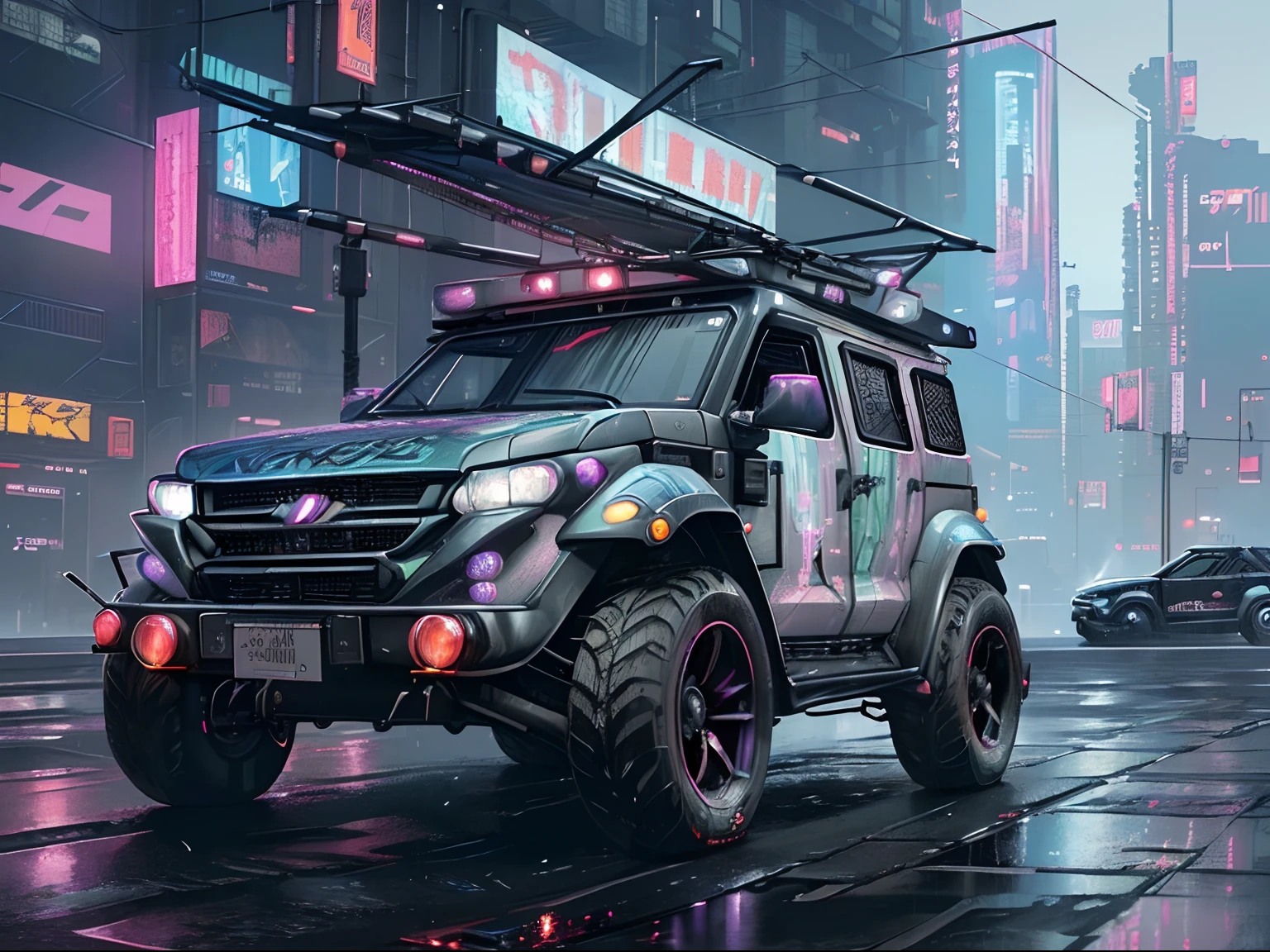 (late at night raining:1.3), (detailed beautiful skin textures, detailed beautiful face, ultra detailed clothing textures), , (Cyberpunk:1.4), , (an ultra detailed (cyberpunk custumed:1.5) and 2-doors (very small utility vehicle:1.5) with (loads on roof racks:1.3) and (cargo on the back:1.3) and letter-tyres:1.3), , (3/4 front view, The car is in the right corner of the frame), (at a parking area, an ultra detailed Night City of Cyberpunk), (All cars are cyberpunk cars:1.2), , (softlighting) , (masterpiece, best quality:1.4, 8k, ultra detailed, illustration, distinct_image, intricate_details, delicate illustration), (realistic:0.15),