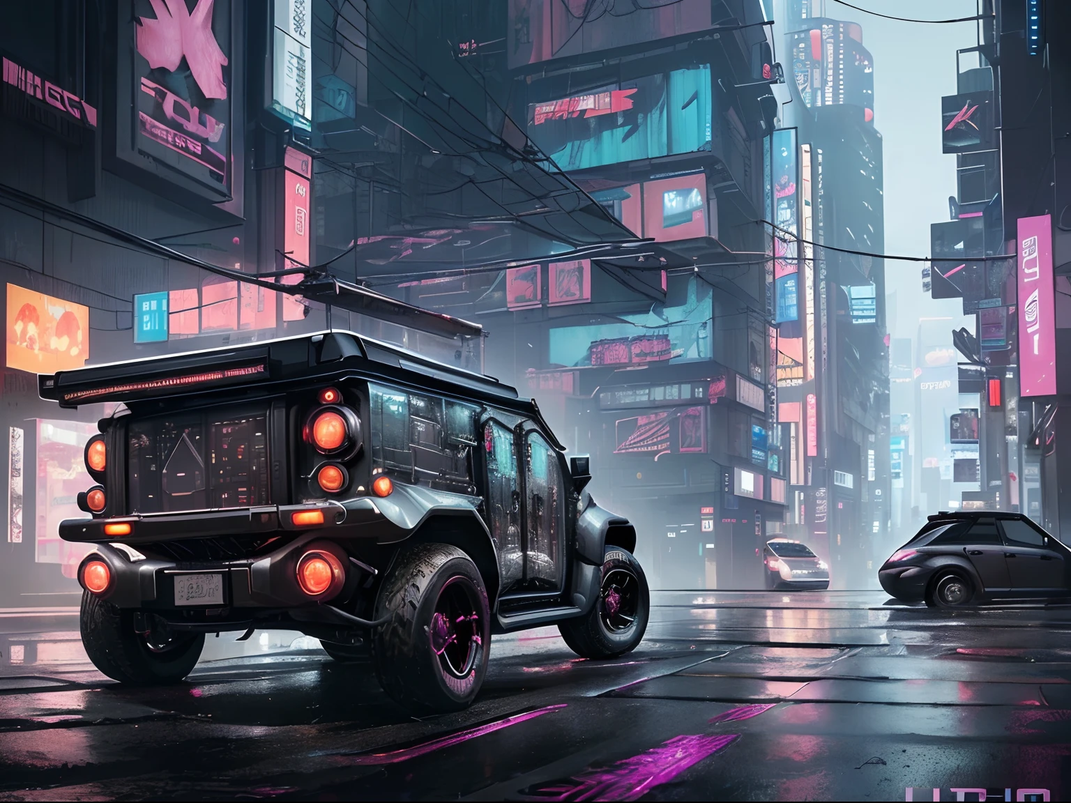 (late at night raining:1.3), (detailed beautiful skin textures, detailed beautiful face, ultra detailed clothing textures), , (Cyberpunk:1.4), , (an ultra detailed (cyberpunk custumed:1.5) and 2-doors (very small utility vehicle:1.5) with (loads on roof racks:1.3) and (cargo on the back:1.3) and letter-tyres:1.3), , (3/4 front view, The car is in the right corner of the frame:1.5), (at a parking area, an ultra detailed Night City of Cyberpunk), (All cars are cyberpunk cars:1.2), , (softlighting) , (masterpiece, best quality:1.4, 8k, ultra detailed, illustration, distinct_image, intricate_details, delicate illustration), (realistic:0.15), in the style of cybernetic enigma, diagonal shot
