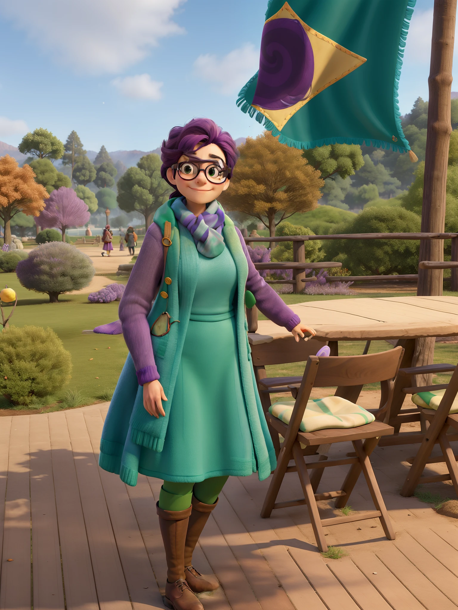Obra-prima, de melhor qualidade, a woman in glasses and scarf, wearing a purple coat and green scarf, Standing in the park
