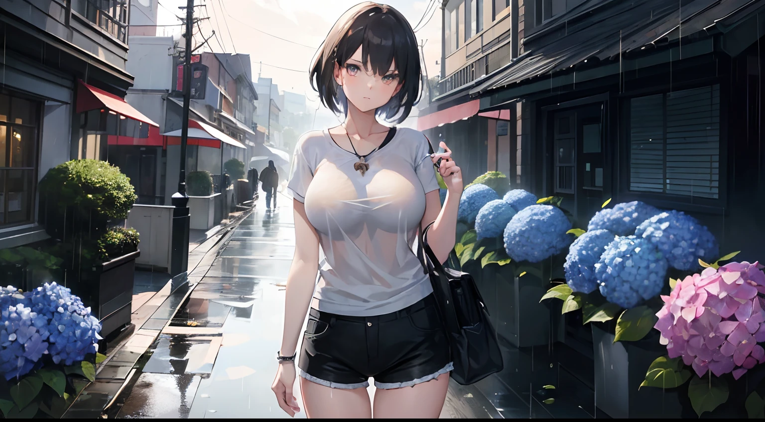 (masterpiece:1.2) (best quality) (detailed) (intricate) (8k) (HDR) (cinematic lighting) (sharp focus), (perfect face), ((( 1 girl ))), cool looking woman, short hair, tomboy, mature, expressive eyes, heterochromaia eyes , (perfect female proportions), (very large breasts), women loose shirt, with casual shorts, long legs, skinny legs, slim hips, tomboy, milfication, mature female, casual clothes, the loneliest girl, artistic, (golden hour), (rain, sad, Hydrangea), luminism, serenity, Anime art, a contrast between the realistic and the absurd, Focused on Woman, chaotic, high creative, dynamic, informative