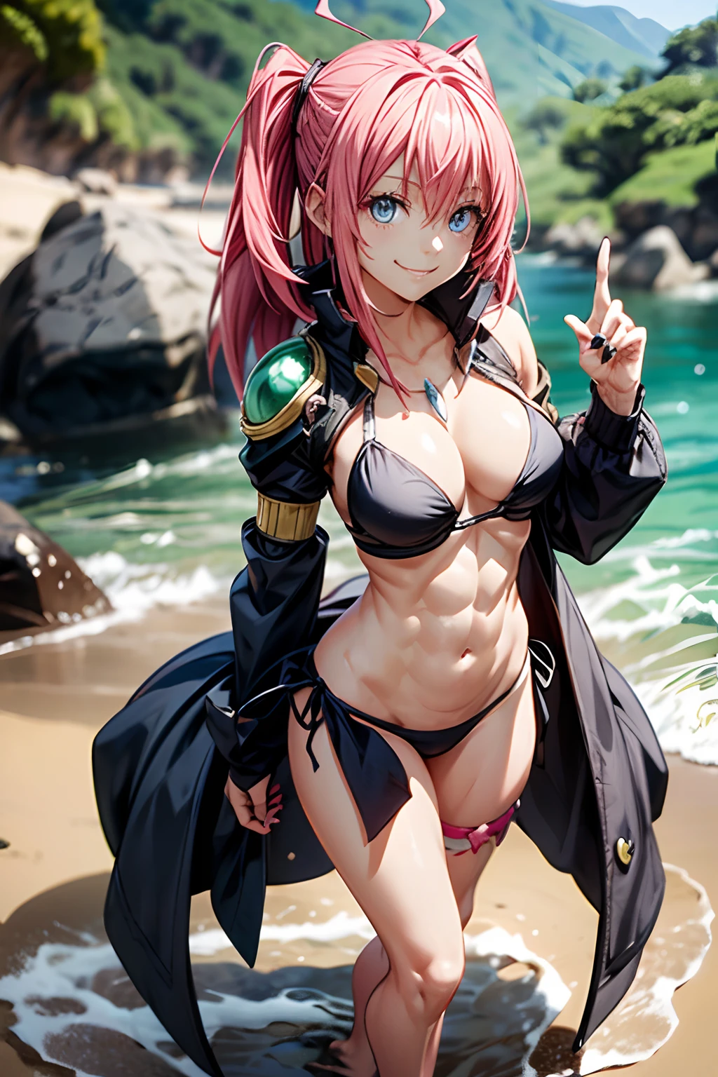 1Female, (((smile))), Tensei Shitara Slime Datta Ken（((Milim Nava))), Demon Lord King、Milim Nava's masterpiece body、High Quality Bikini Armor、Black Bikini Armor、 Milim Precise Face、(blue eyes)、Evil Look、Pink hair、Two-tailed、Proud double tails、bare feet, medium feet, rounded toes ultra quality, ultra detailed, rounded nails painted in black nail polish, ultra detailed、medium breasts, ( ((full body photo))), (((muscular belly))), on the beach, (((Ultra-detailed and realistic muscular legs))), Ultra Detailed Face, perfect setting, standing, doing the pose of peace