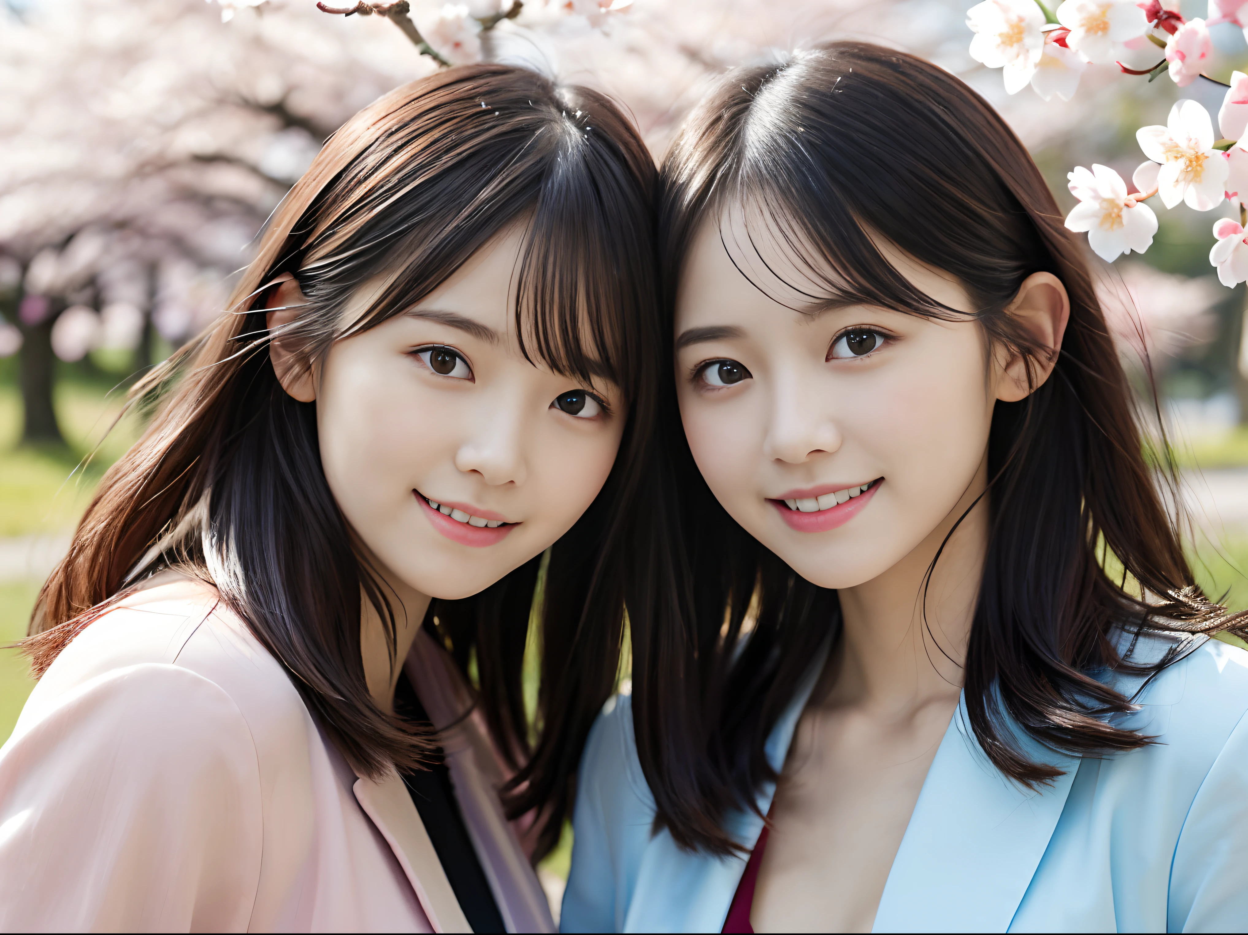 (Close up portrait of two girls with thin small breasts and long hair in pastel jacket and shirt:1.5)、(Two girls spread their arms with small smiles、Let your hair flutter in the wind :1.5)、(Rows of cherry blossom trees in full bloom and cherry blossom petals dancing in the wind:1.5)、(Perfect Anatomy:1.3)、(No mask:1.3)、(complete fingers:1.3)、(cleavage of the breast:1.1)、Photorealistic、Photography、masutepiece、top-quality、High resolution, delicate and pretty、face perfect、Beautiful detailed eyes、Fair skin、Real Human Skin、pores、((thin legs))、(Dark hair)