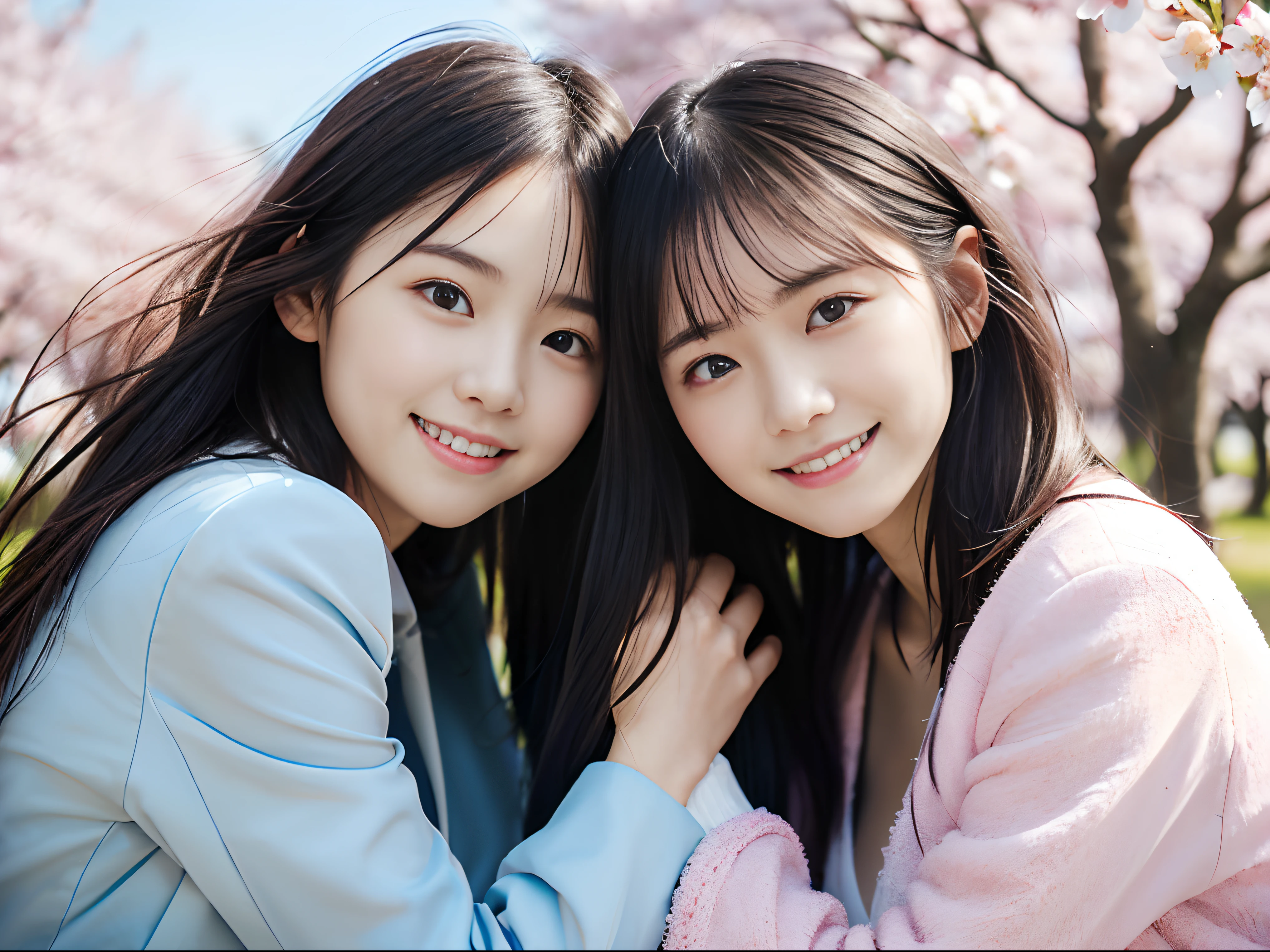 (Close-up portrait of two girls with slender small breasts and bun hair in pastel colored jacket and shirt:1.5)、(Two girls dancing with smiles、Let your hair flutter in the wind :1.5)、(Rows of cherry blossom trees in full bloom at dusk:1.5)、(Perfect ???????:1.3)、(No mask:1.3)、(complete fingers:1.3)、Photorealistic、Photography、masutepiece、top-quality、High resolution, delicate and pretty、face perfect、Beautiful detailed eyes、Fair skin、Real Human Skin、((thin legs))、(Dark hair)