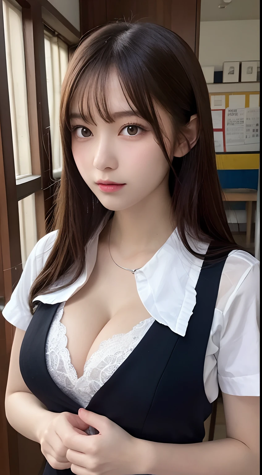 masutepiece, Best Quality, Illustration, Ultra-detailed, finely detail, hight resolution, 8K Wallpaper, Perfect dynamic composition, Beautiful detailed eyes, Natural Lip, School uniform, Big breasts, Full body,cleavage