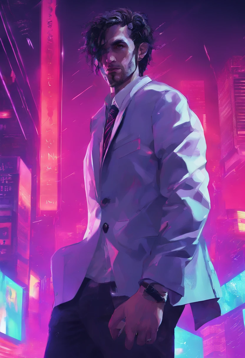 ((Skinny, lanky, normal, mid-30s, unshaven, white, ((American, pale skin, english)), male, businessman wearing a basic suit and tie, nose ring, tired, unhappy)), cowboy shot, (black short shaggy hair with purple highlights), ((sitting in their house)), (highly detailed photo realistic), sharp focus, ultra high quality, gloomy, masterpiece, (cinematic lighting), ((male))