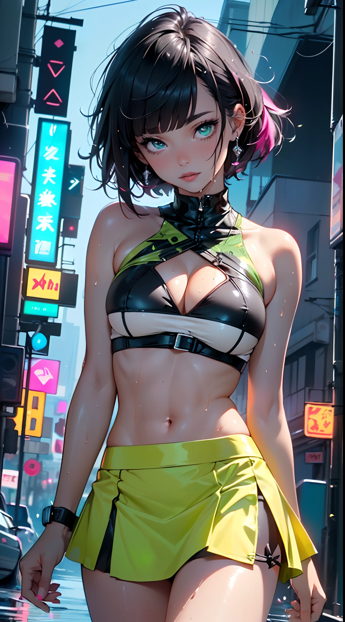 girl dancing,(((1girl))),((girl with extremely cute and beautiful black hair)),
(large breasts:1.4),(((black hair:1.35,hair over one eye, blunt bangs, long sideburns, messy hair, bob cut))),(((eyes_green:1.3))),intricate eyes,beautiful detailed eyes,symmetrical eyes,((fat)),((((lustrous skin:1.5,bright skin: 1.5,shiny skin,very shiny skin,shiny body,plastic glitter skin,exaggerated shiny skin,shiny skin like ebony,illuminated skin,wet legs))),(spider lower abdomen,narrow waist,wide hip,athletic body,inflated legs,detailed body,(detailed face), toned abs),
cute,slutty,seductive,erotic,(nsfw),
zettai ryouiki,revealing clothing,show skin,((rave bikini with an green print,((neon pink color rave mini-skirt)),visible thong straps)),(wearing a rave dancing outfit:1.3,rave dancing clothes,semi-naked,with little clothing),((wet clothes,intricate outfit,intricate clothes)),
(dynamic pose:1.0),embarrassed,(centered,scale to fit dimensions,Rule of thirds),
cyberpunk city by the ocean at night, with bright neon signs and dark stormy clouds and puddles, scenery:1.25,
artistic photography,(photography taken by sldr),highres, sharp focus, (ultra detailed, extremely detailed), (photorealistic artwork:1.37),(extremely detailed CG unity 8k wallpaper),((synthwave background theme)),(((vibrant colors))),(intricate background),(masterpiece),(best quality),