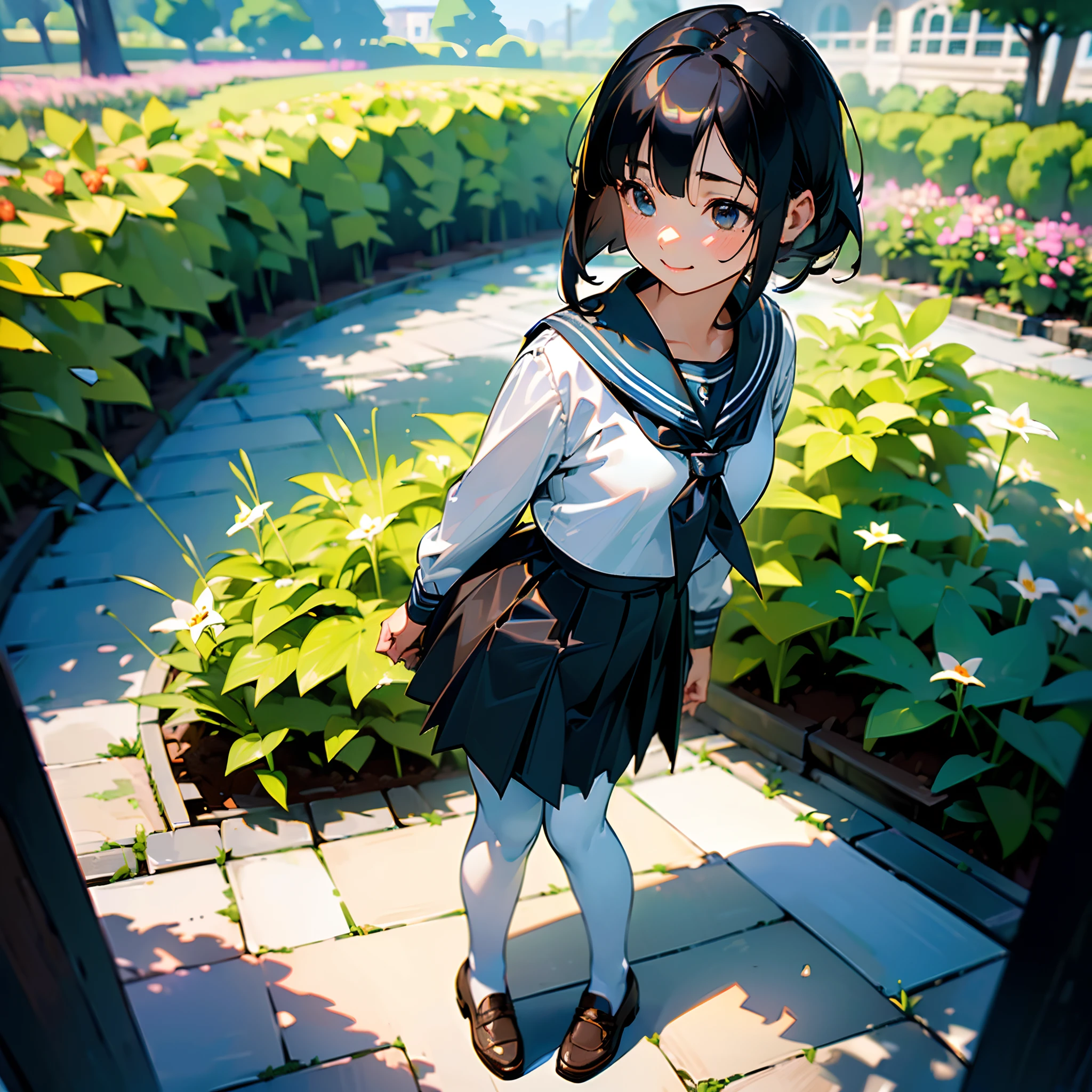 (Best Quality, hight resolution, Ultra-detailed, Realistic:1.37), peaceful ambiance, (plein air, garden), age girl standing alone, Beautiful detailed features, Cute smile, ((Black bob hair)),Navy blue sailor suit, Pleated skirt,White tights,Brown leather shoes.