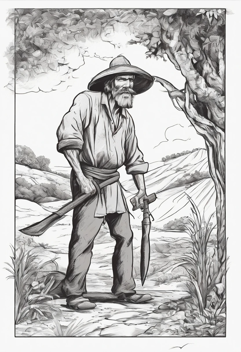 A black and white commercial illustration of a man dressed as a peasant, parecendo cansado, Holding a digger in his right hand. He is digging an artesian well in search of water, localizado perto de sua aldeia. The village is depicted in a rustic way, com terra seca ao redor. The image should have a comedic style, with fine strokes and a touch of manga. O trabalhador do campo deve ser retratado em detalhes, with his facial expression demonstrating fatigue and determination in his task. A imagem deve ser em preto e branco, with a pencil and ink caricature drawing style. Be sure to capture the peasant's effort as he digs, symbolizing resilience in the face of the challenges of village life."