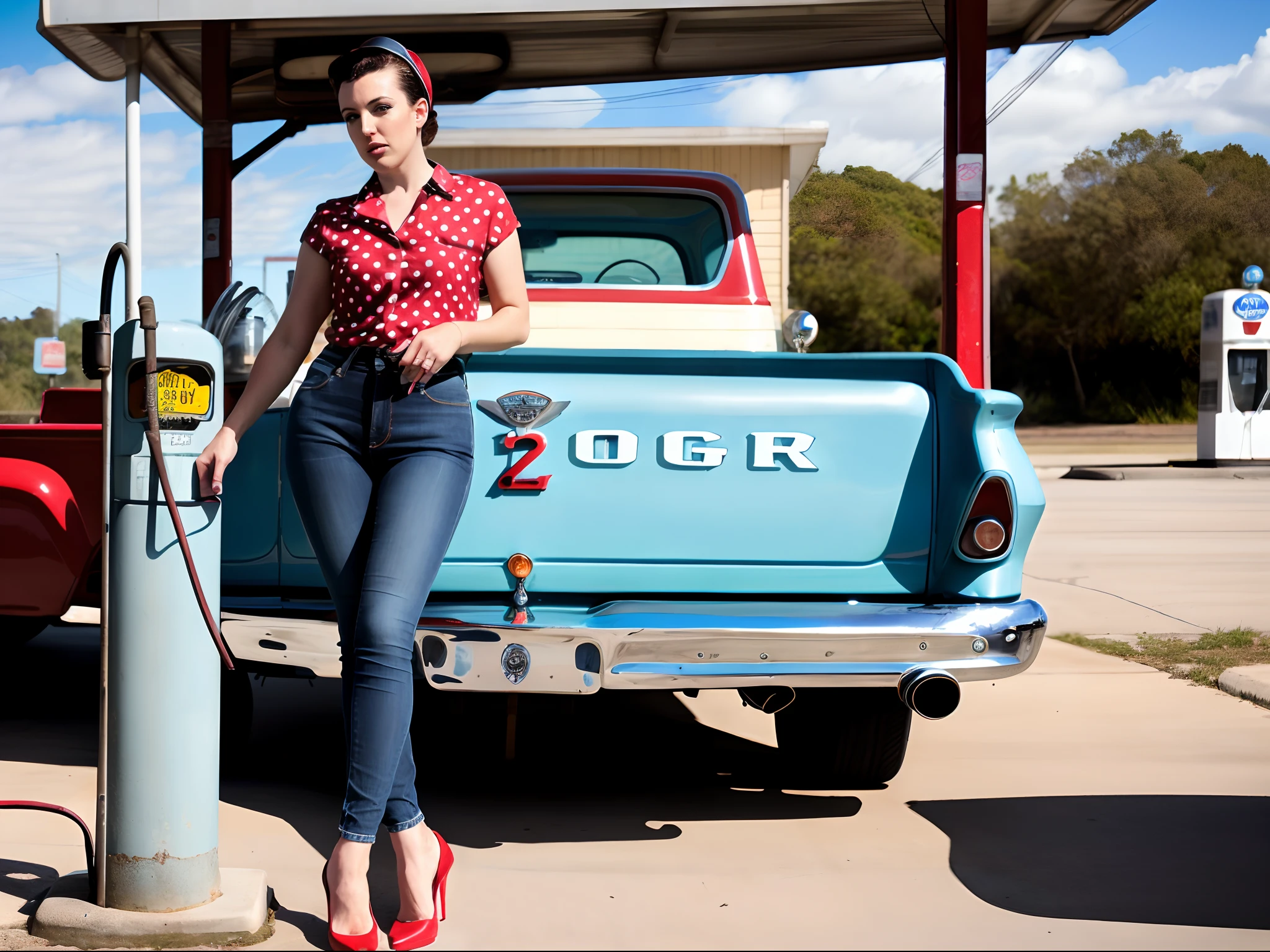 Ultra realistic photo of Angela White ((01 character)) (25 years old) ((full body)) ((full shot)) | rockabilly outfit (jeans with folded legs, blouse with polka dot prints, red heels, red tiara) ((rockabilly style hair, piercing blue eyes, skin texture, enigmatic countenance, slender body, divine proportion) ) | at a 50s style gas station ((old gas pump)), filling up a 1960 Dodge truck || light blue || natural light, cool colors, soft shadows, vivid colors, saturated tones, Maximum Sharpness ((..RAW))