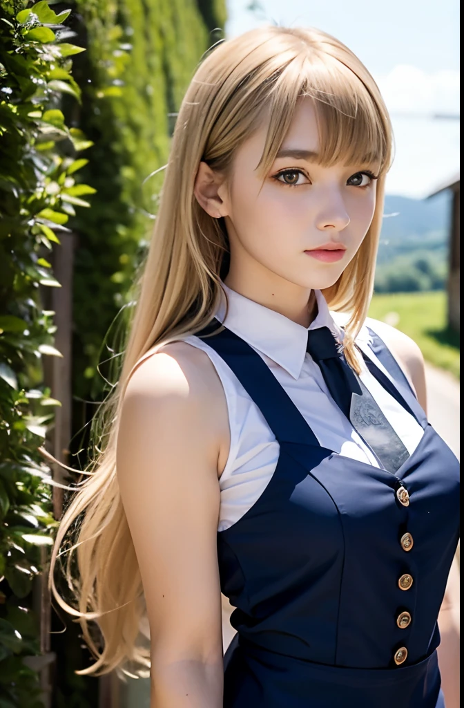 A girl,16 year old,european countryside,blonde,(bangs bangs),pretty face,sleeveless waitress,muscular arms