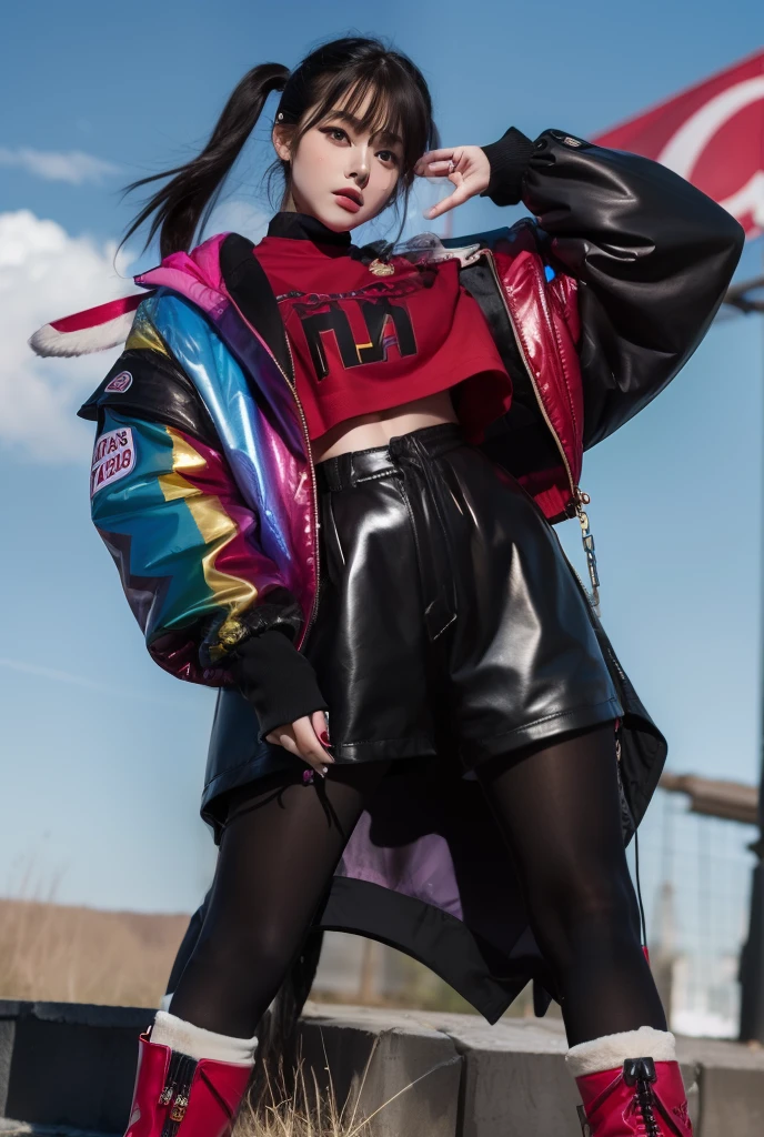 infp young woman、Good Style、A dark-haired、colorful fashion、Idol face、large full breasts、Colorful Animal Jacket、Shiny Red Tops、Colorful shorts、Colorful tights、long boots