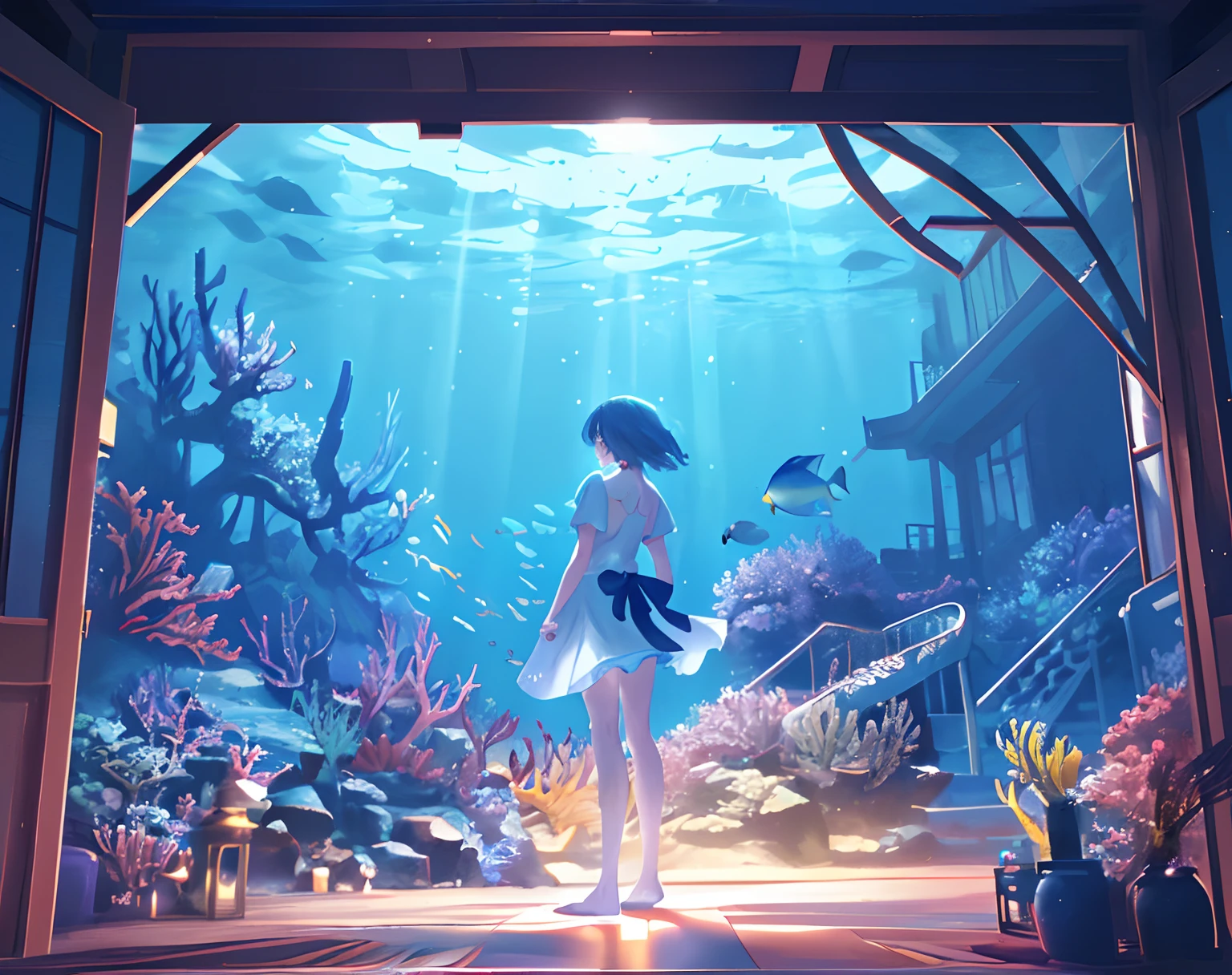 Create exquisite illustrations reminiscent of Makoto Shinkai's style, It has ultra-fine details and top-notch quality. Fantastic house standing on the bottom of the sea々Create captivating illustrations featuring, A warm light that illuminates the seabed with nostalgic light. in a house, A girl with a sense of discomfort in her eyes、You are staring at the enchanting underwater world that surrounds you. From the window of the house、You'll see vibrant marine life, colorful corals, And the magical creatures that live in the abyss, Everything is captured in intricate detail. This image is、It is necessary to evoke a sense of both innocence and curiosity as the girl explores the enchanting underwater realm.