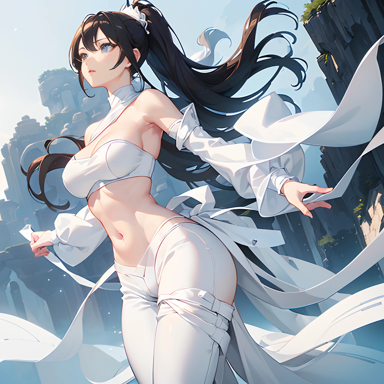 (breasts wrap:1.6),breasts loincloth:1.3,ponytail:1.6,(white theme:1.5), (All-white costume:1.5), (long white coat:1.4), (fusion of white strapless and white bandage:1.4), (white bandages:1.3), (Distorted breasts compressed by white bandages:1.3), ((navel, stomach, ankles):1.3), ((white oversized pants, white baggy pants):1.8), (white pumps:1.2), (earrings:1.2),anime style,full body shot,(beautiful illustration1.3), (extremely detailed CG unity 8k portrait:1.3), (highly quality), (Breathtaking Scenery:1.3), raytracing